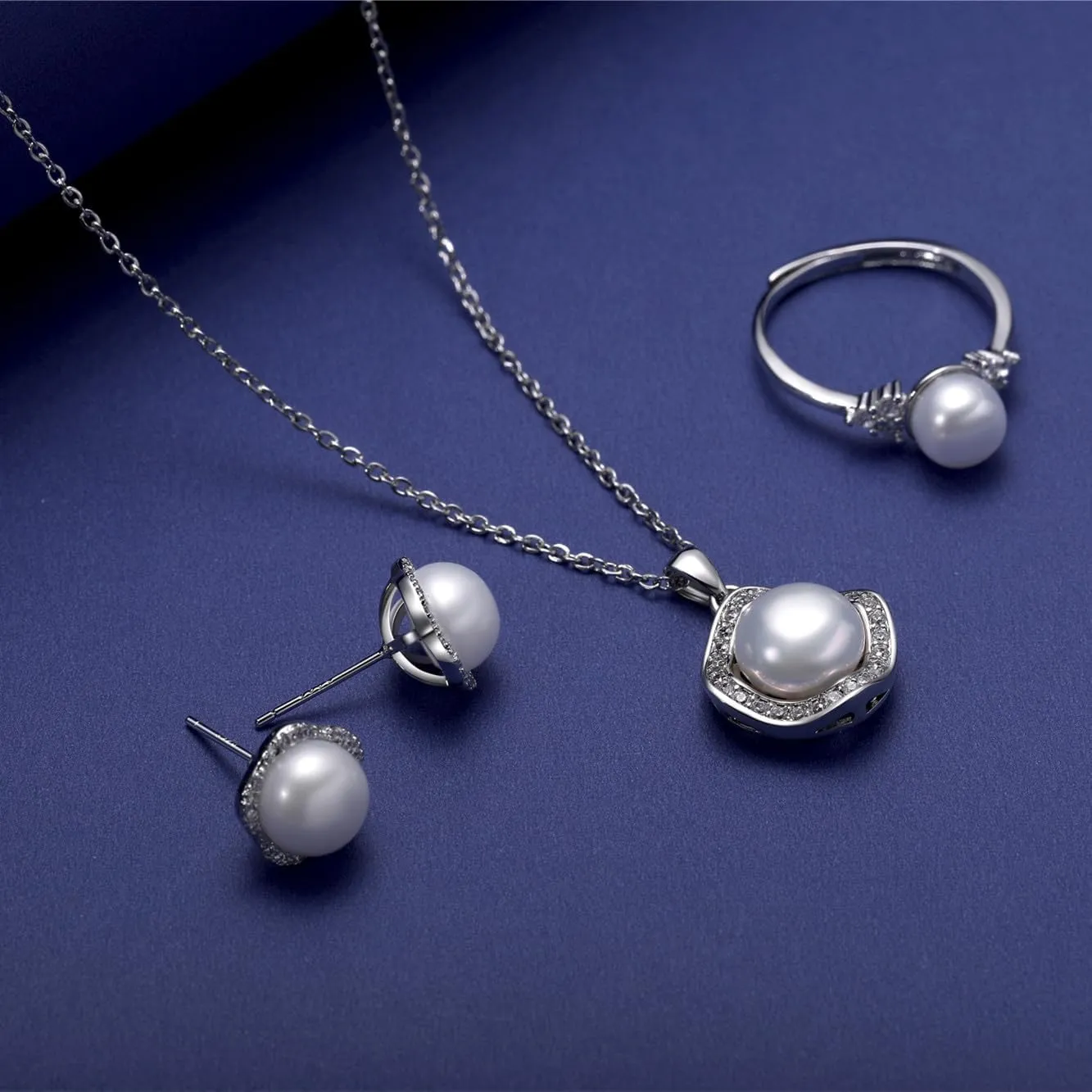 la luen Pearl Necklace Set,S925 Gold/Silver Plated 3piece Freshwater Pearl with CZ Diamond Necklace Stud Earrings Ring Jewelry for Women Mom Brides Bridesmaids