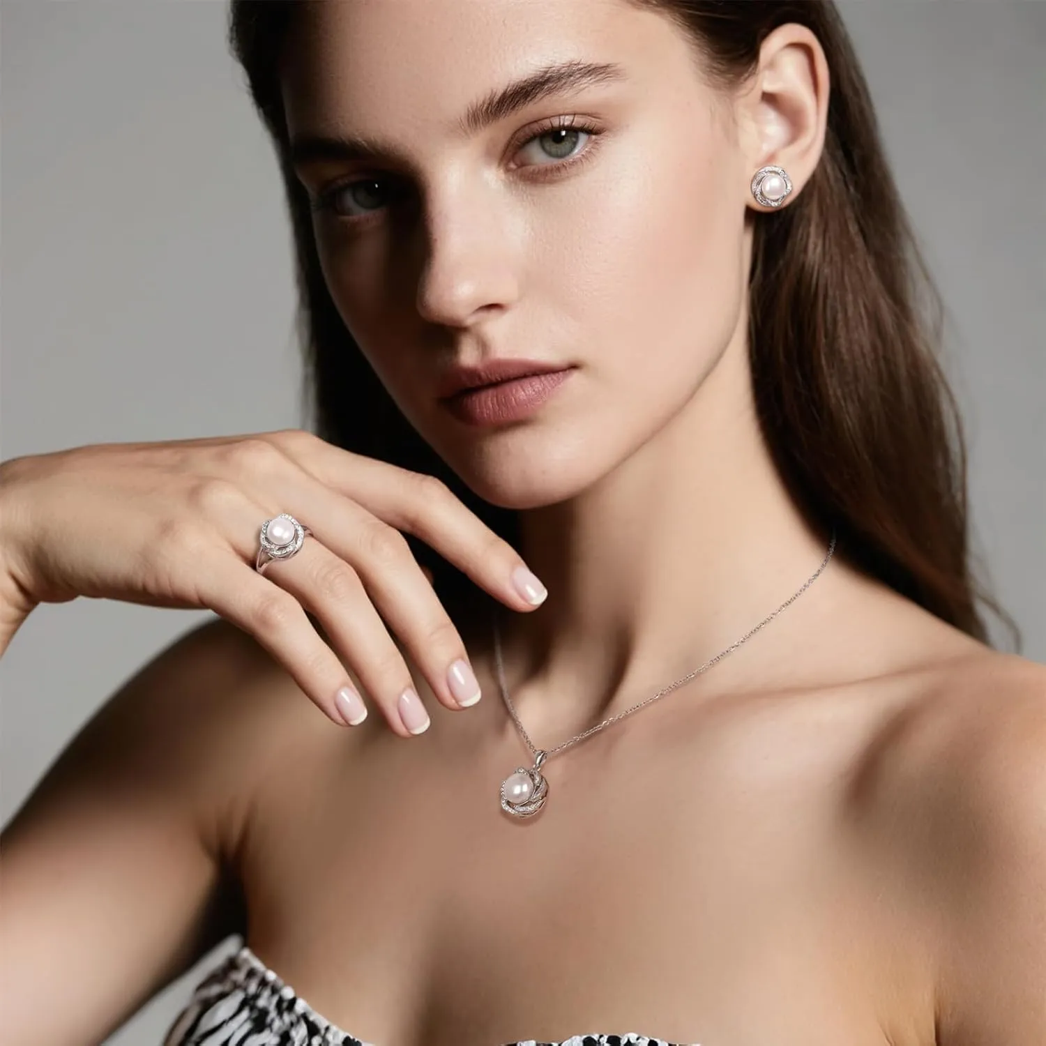 la luen Pearl Necklace Set,S925 Gold/Silver Plated 3piece Freshwater Pearl with CZ Diamond Necklace Stud Earrings Ring Jewelry for Women Mom Brides Bridesmaids