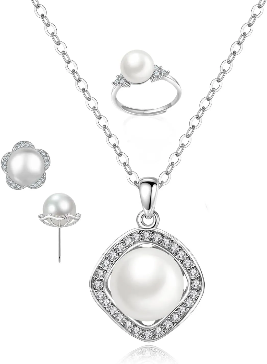 la luen Pearl Necklace Set,S925 Gold/Silver Plated 3piece Freshwater Pearl with CZ Diamond Necklace Stud Earrings Ring Jewelry for Women Mom Brides Bridesmaids