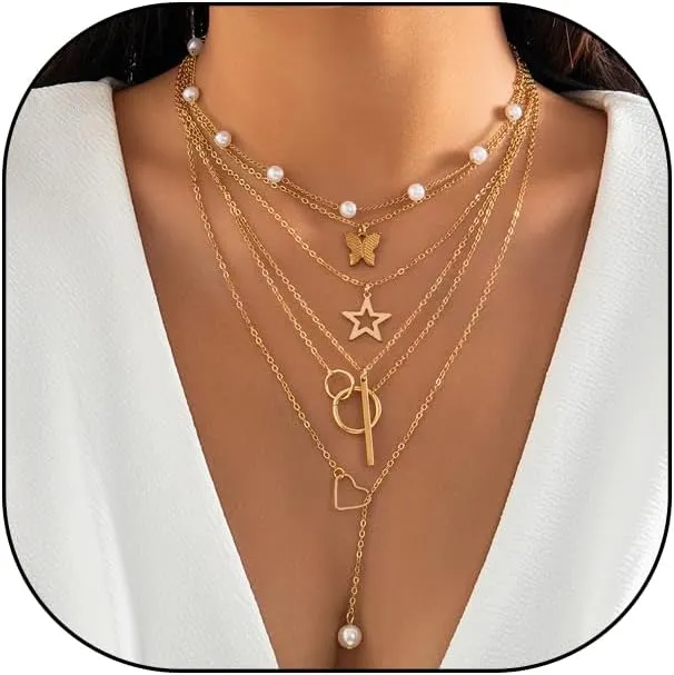 Layered Gold Butterfly Necklaces for Women Trendy Pearl Heart Chain Necklaces Adjustable Stackable Disc Star Statement Choker Necklace Jewelry Present