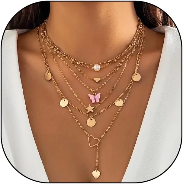 Layered Gold Butterfly Necklaces for Women Trendy Pearl Heart Chain Necklaces Adjustable Stackable Disc Star Statement Choker Necklace Jewelry Present