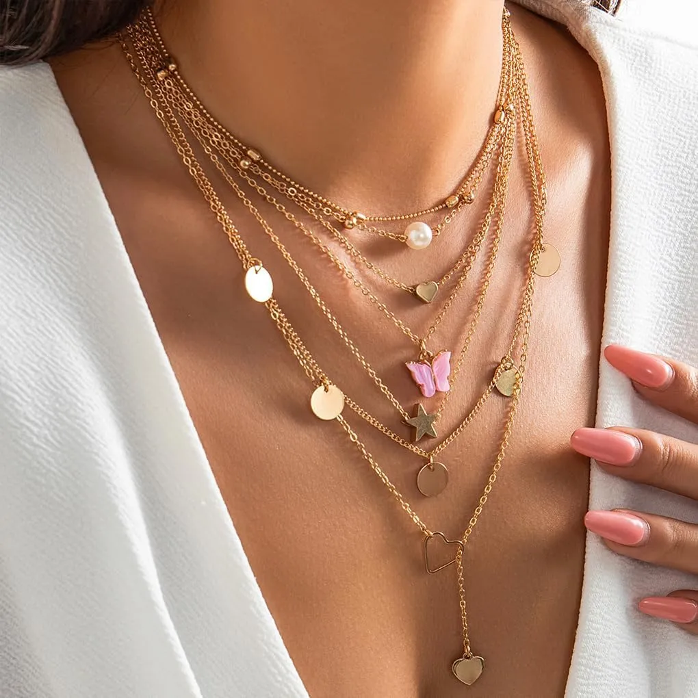 Layered Gold Butterfly Necklaces for Women Trendy Pearl Heart Chain Necklaces Adjustable Stackable Disc Star Statement Choker Necklace Jewelry Present