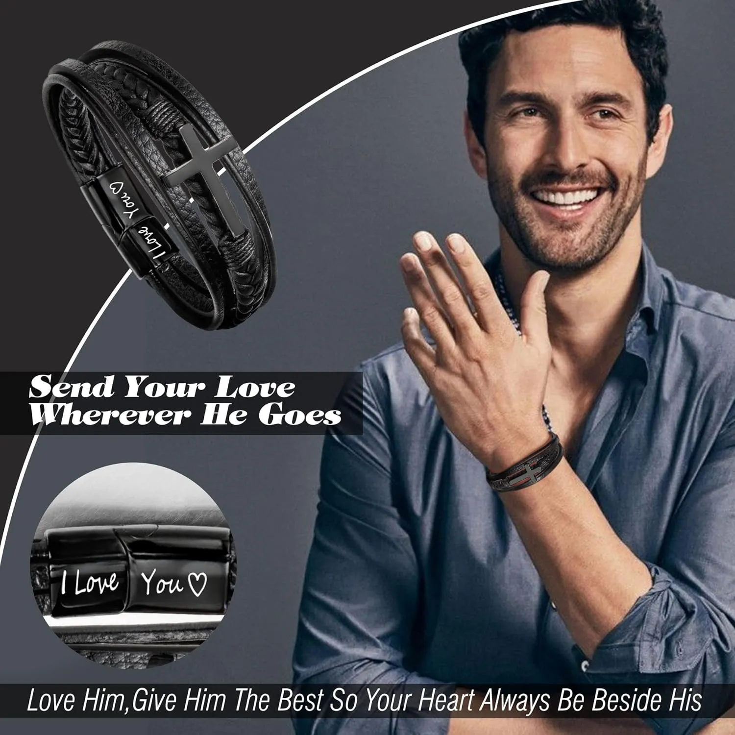 Leather Bracelets for Men I Love You Gifts for Him Father's Day Gifts for Men Bracelet Birthday Gifts for Dad Son Boyfriend Husband Graduation Gifts for Him 2023 Braided Engraved Wedding Anniversary Christmas Jewelry