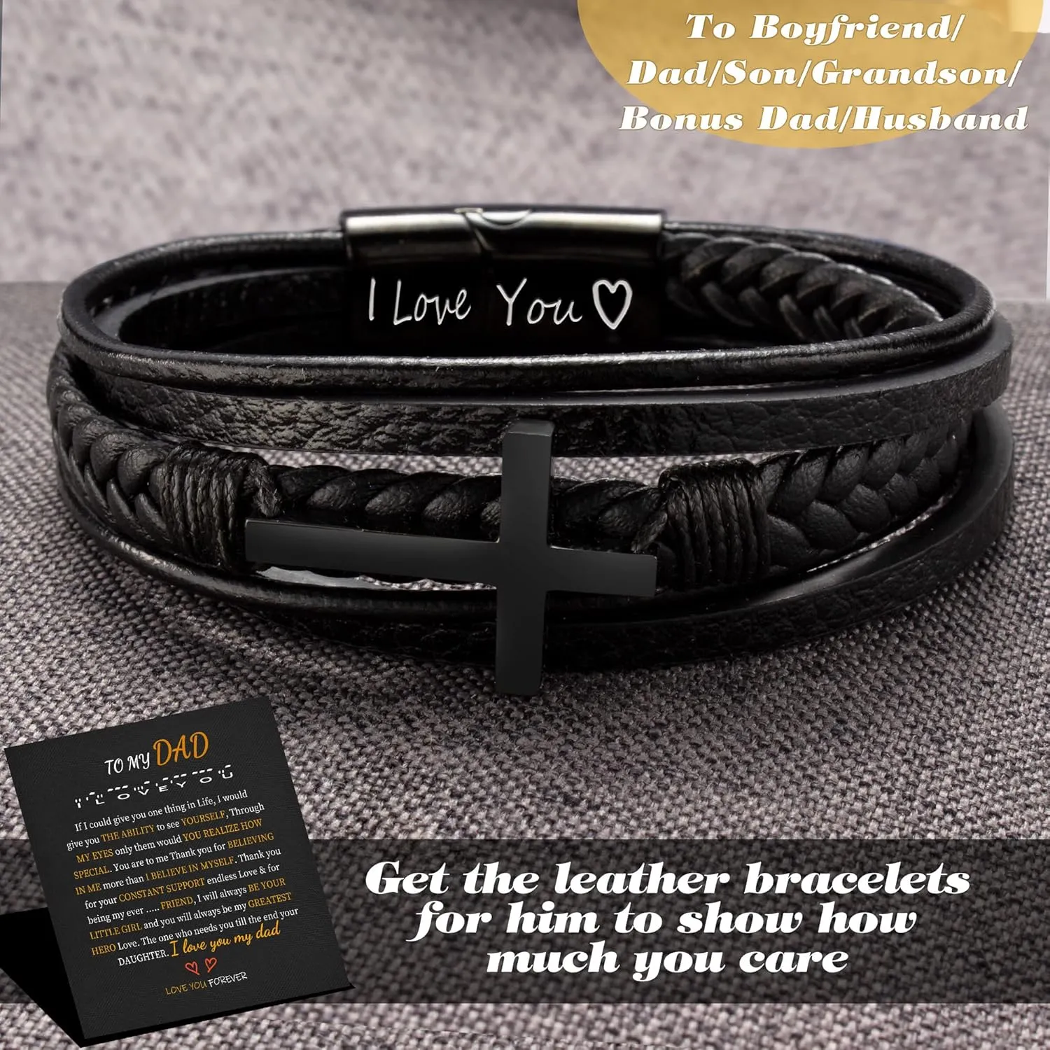 Leather Bracelets for Men I Love You Gifts for Him Father's Day Gifts for Men Bracelet Birthday Gifts for Dad Son Boyfriend Husband Graduation Gifts for Him 2023 Braided Engraved Wedding Anniversary Christmas Jewelry