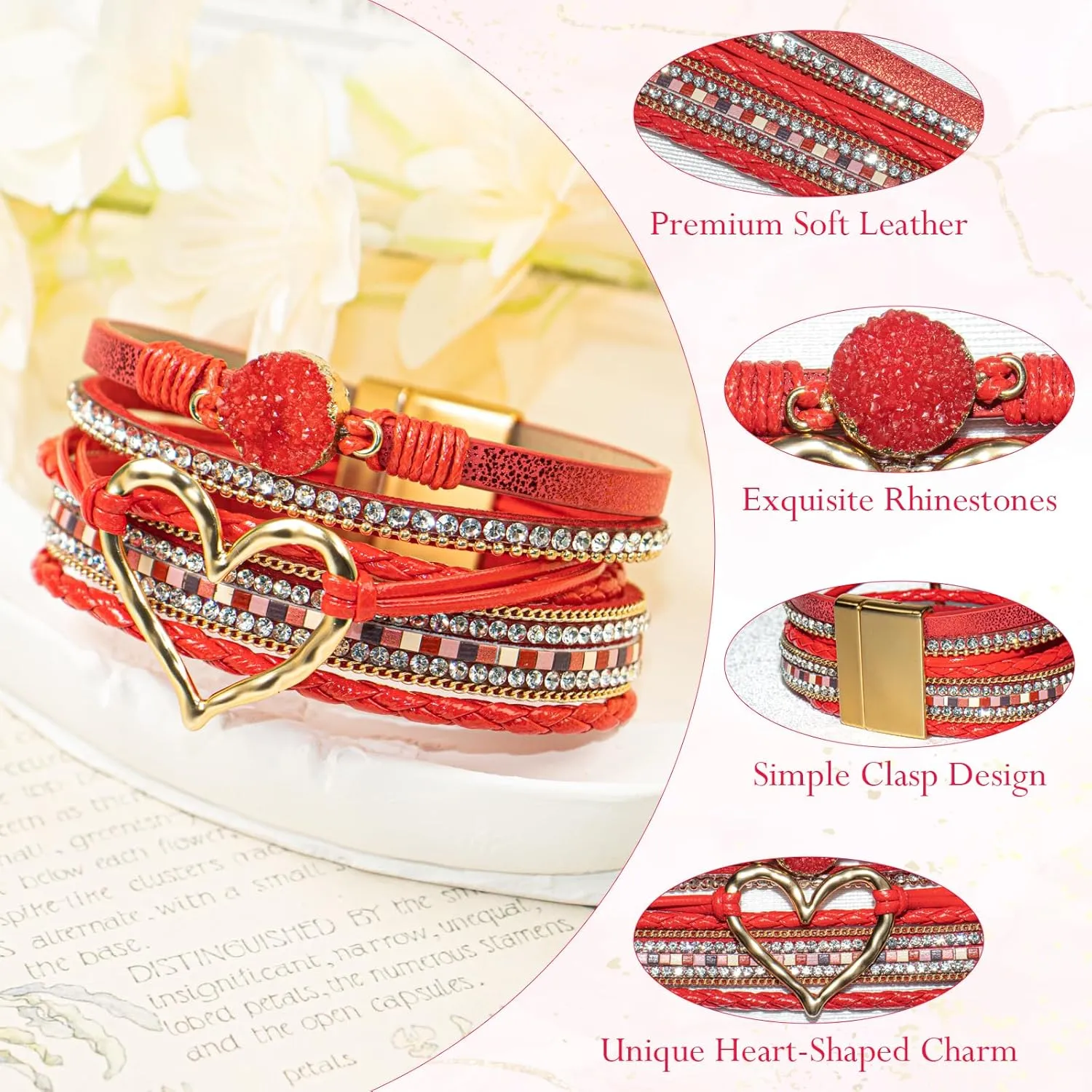 Leather Wrap Bracelet for Women, Boho Heart Cuff Bracelet with Strong Clasp, Multi-Layer Crystal Leather Bracelet