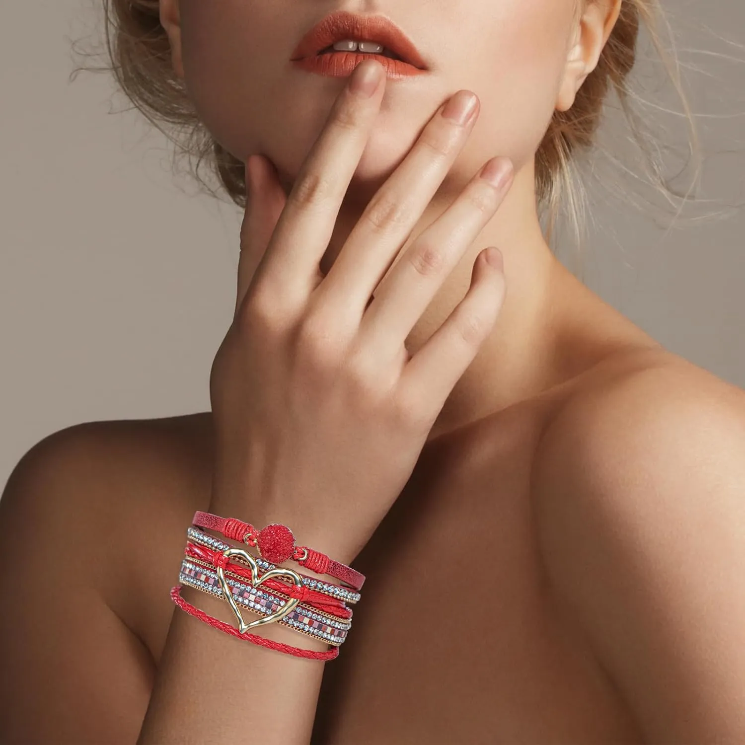 Leather Wrap Bracelet for Women, Boho Heart Cuff Bracelet with Strong Clasp, Multi-Layer Crystal Leather Bracelet