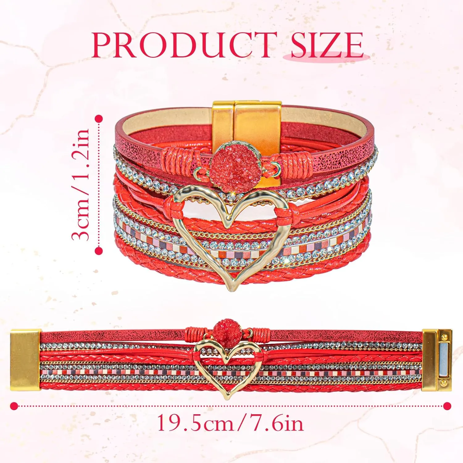 Leather Wrap Bracelet for Women, Boho Heart Cuff Bracelet with Strong Clasp, Multi-Layer Crystal Leather Bracelet