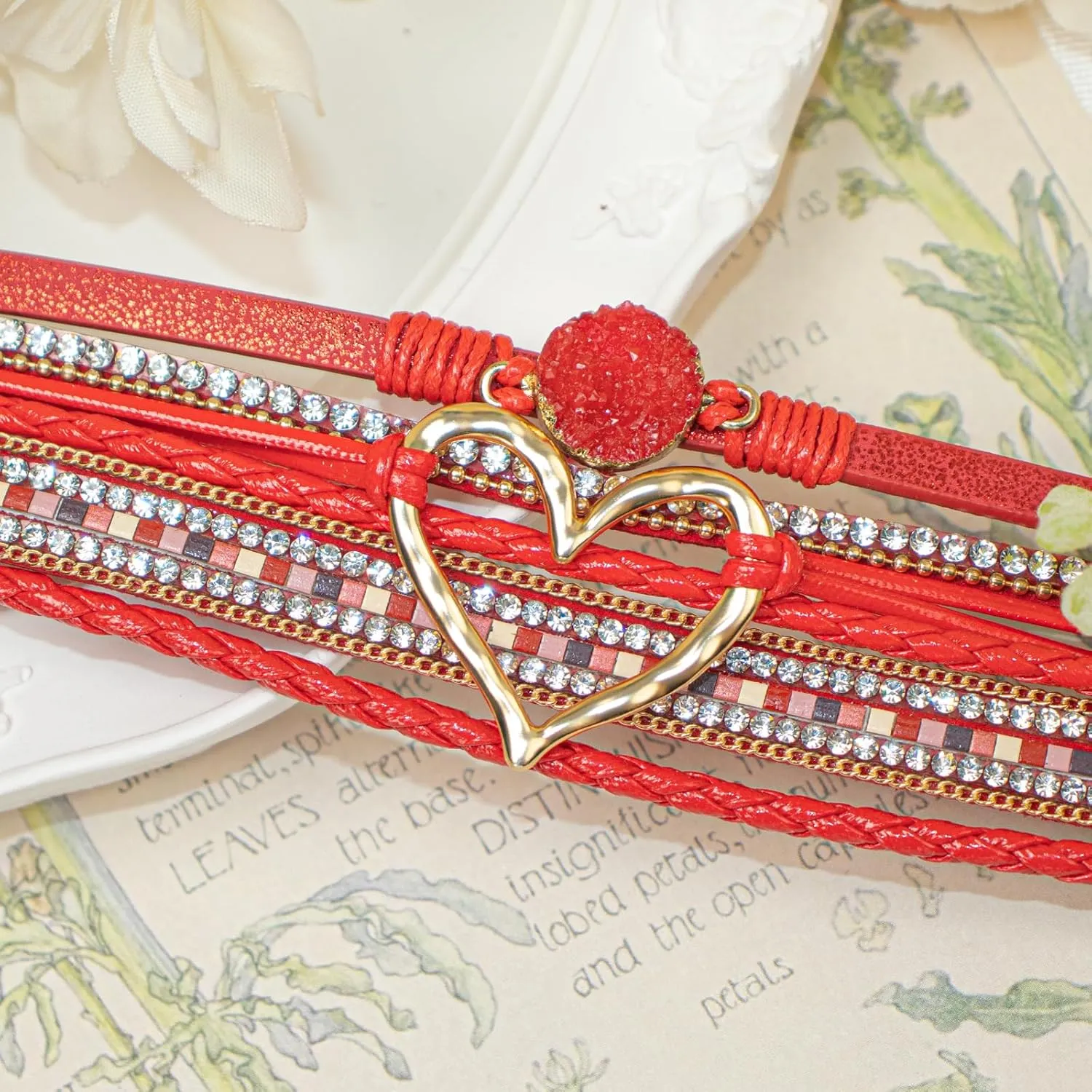 Leather Wrap Bracelet for Women, Boho Heart Cuff Bracelet with Strong Clasp, Multi-Layer Crystal Leather Bracelet