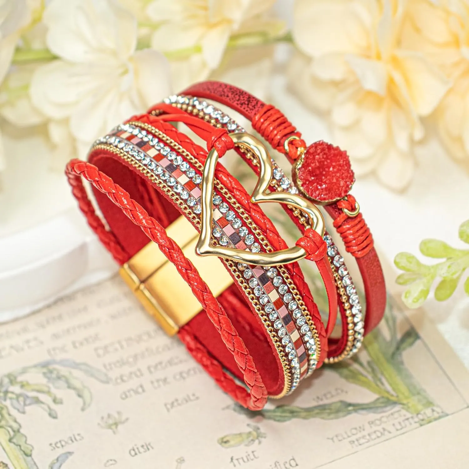 Leather Wrap Bracelet for Women, Boho Heart Cuff Bracelet with Strong Clasp, Multi-Layer Crystal Leather Bracelet