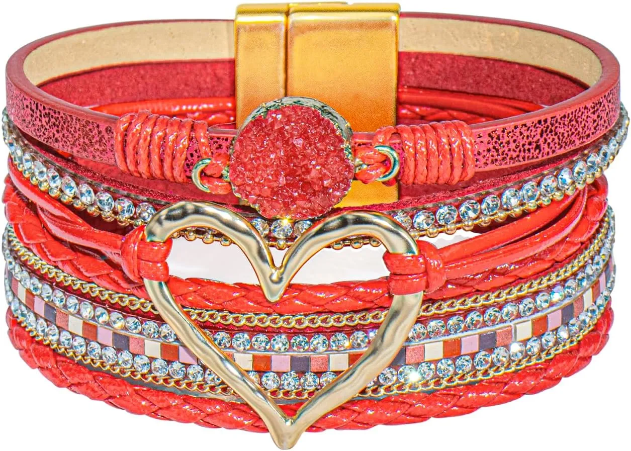 Leather Wrap Bracelet for Women, Boho Heart Cuff Bracelet with Strong Clasp, Multi-Layer Crystal Leather Bracelet