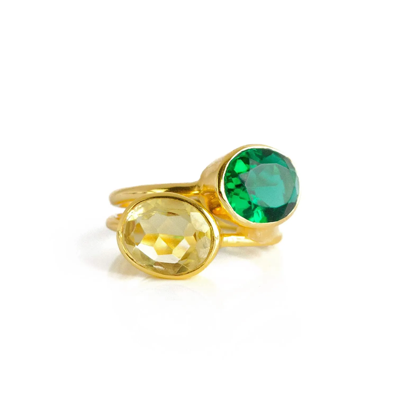 Lemon and Emerald Quartz oval ring combo, Stacking ring set, May Birthstone rings set [cOMB]