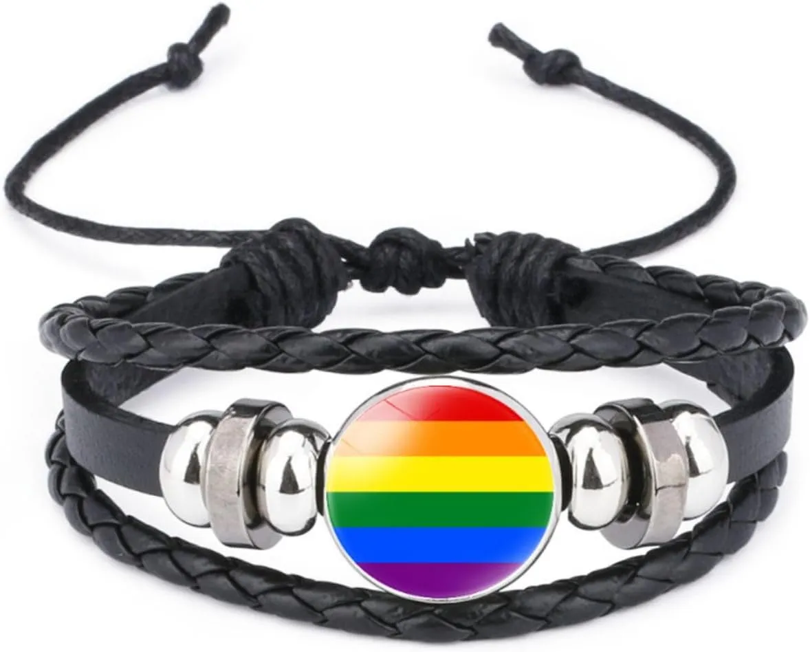 LGBT Gay Pride Rainbow Braided Leather Woven Wrap Rope Wrist Cuff Bracelets for Men Women, 7-8 inches