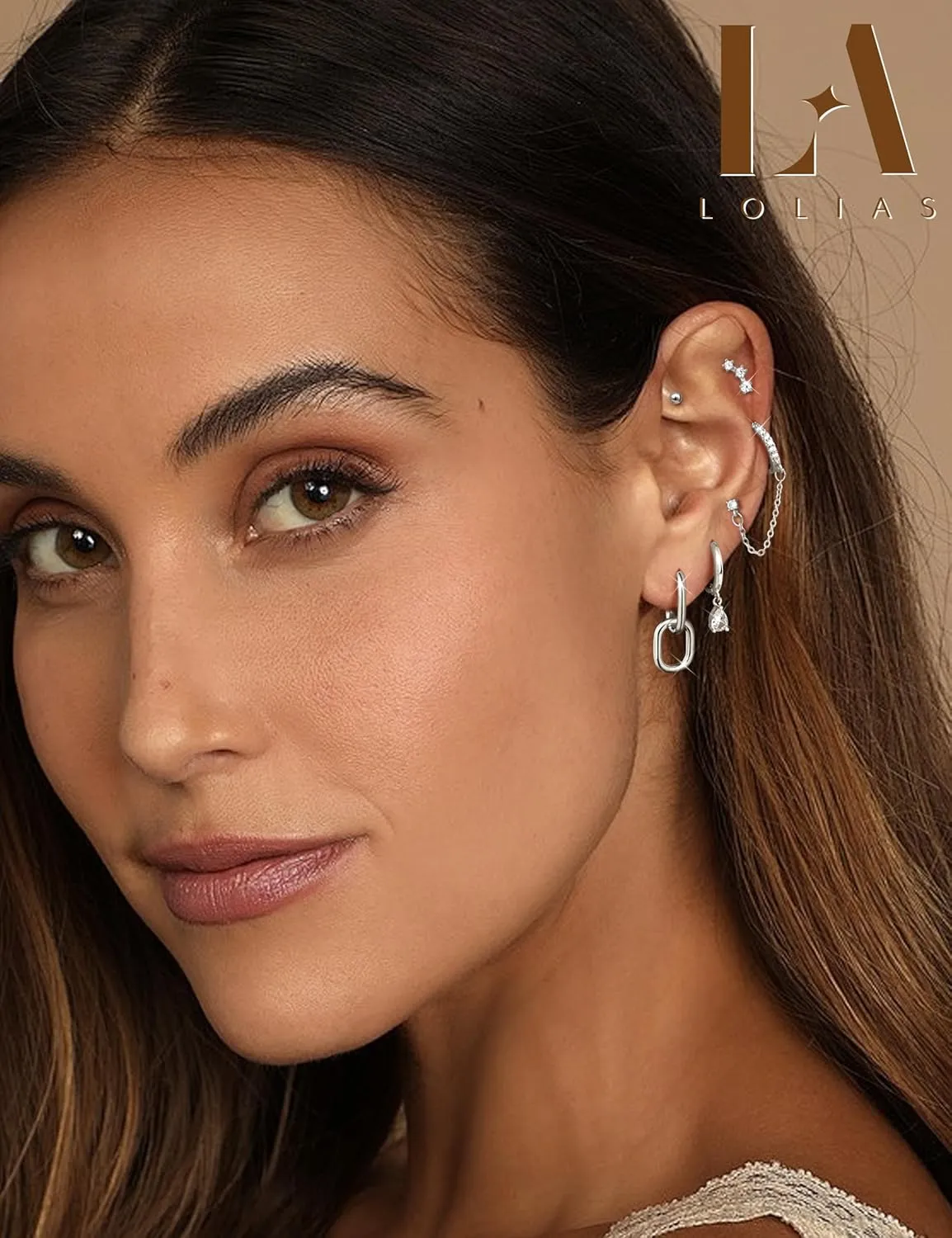 LOLIAS Gold Hoop Stud Earring Stacks for Women - 14K Gold Plated Chain Cartilage Earrings Cute Hypoallergenic Silver Huggie Earrings Sets for Multiple Piercing Jewelry Lightweight 8Pairs