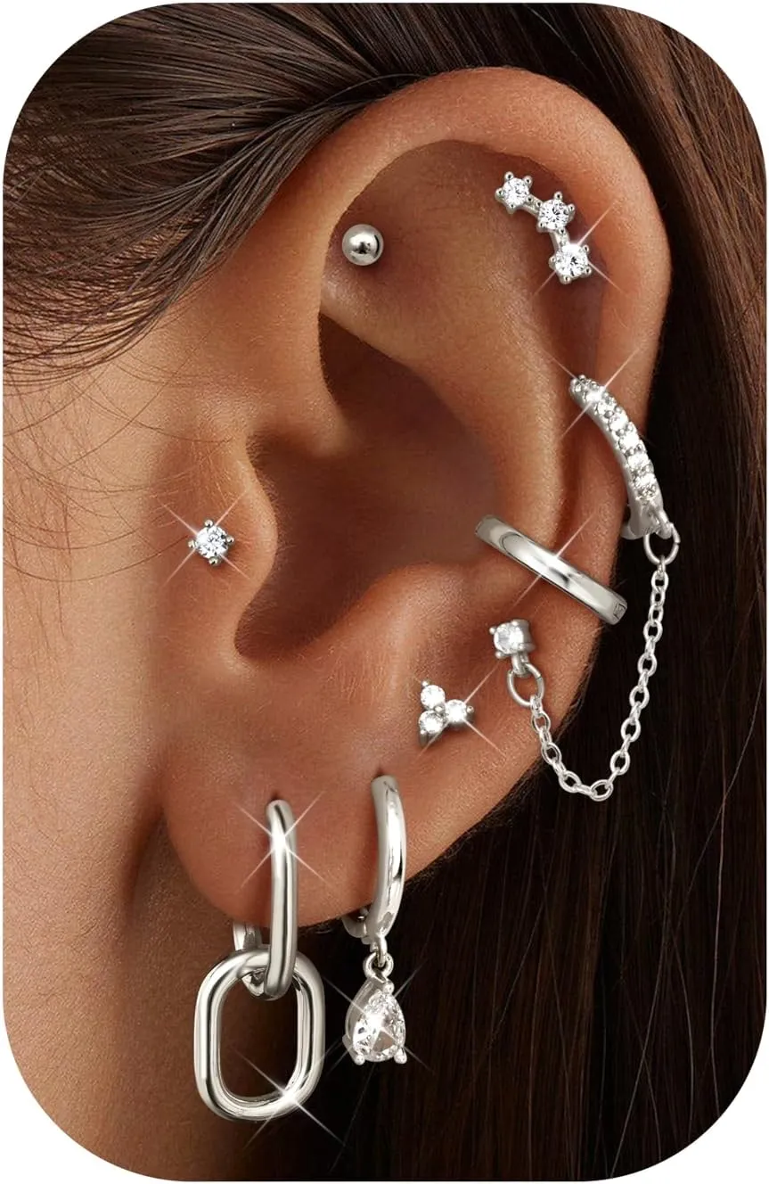 LOLIAS Gold Hoop Stud Earring Stacks for Women - 14K Gold Plated Chain Cartilage Earrings Cute Hypoallergenic Silver Huggie Earrings Sets for Multiple Piercing Jewelry Lightweight 8Pairs