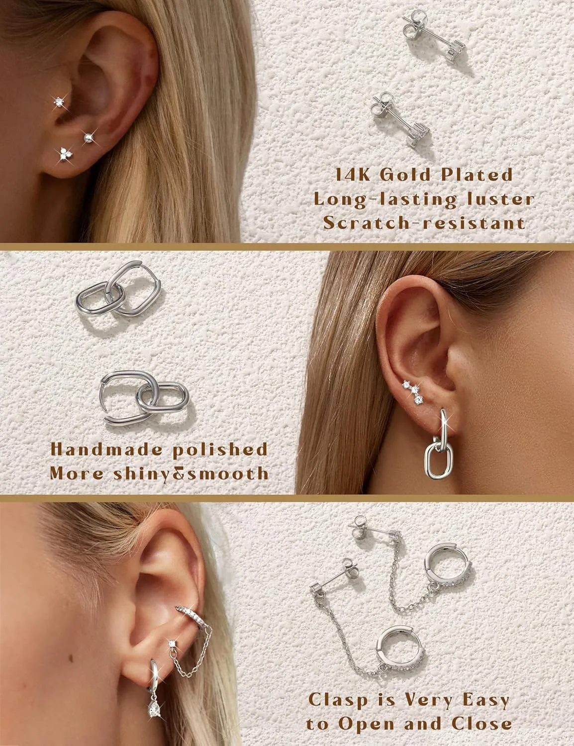 LOLIAS Gold Hoop Stud Earring Stacks for Women - 14K Gold Plated Chain Cartilage Earrings Cute Hypoallergenic Silver Huggie Earrings Sets for Multiple Piercing Jewelry Lightweight 8Pairs
