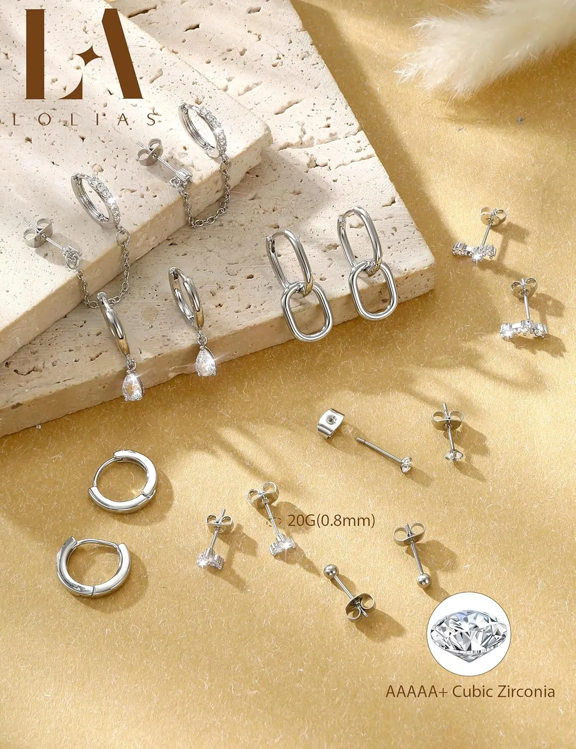 LOLIAS Gold Hoop Stud Earring Stacks for Women - 14K Gold Plated Chain Cartilage Earrings Cute Hypoallergenic Silver Huggie Earrings Sets for Multiple Piercing Jewelry Lightweight 8Pairs