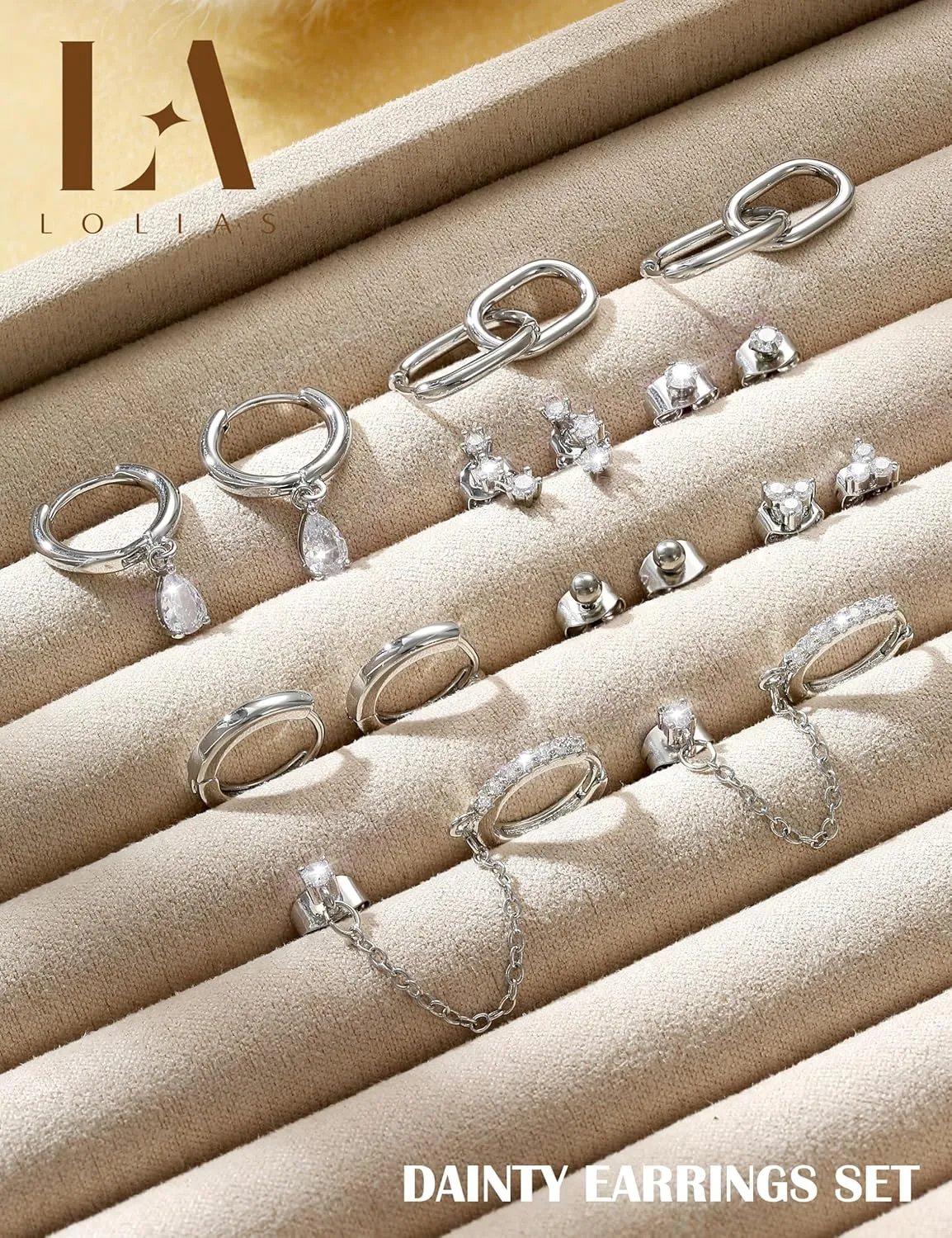 LOLIAS Gold Hoop Stud Earring Stacks for Women - 14K Gold Plated Chain Cartilage Earrings Cute Hypoallergenic Silver Huggie Earrings Sets for Multiple Piercing Jewelry Lightweight 8Pairs