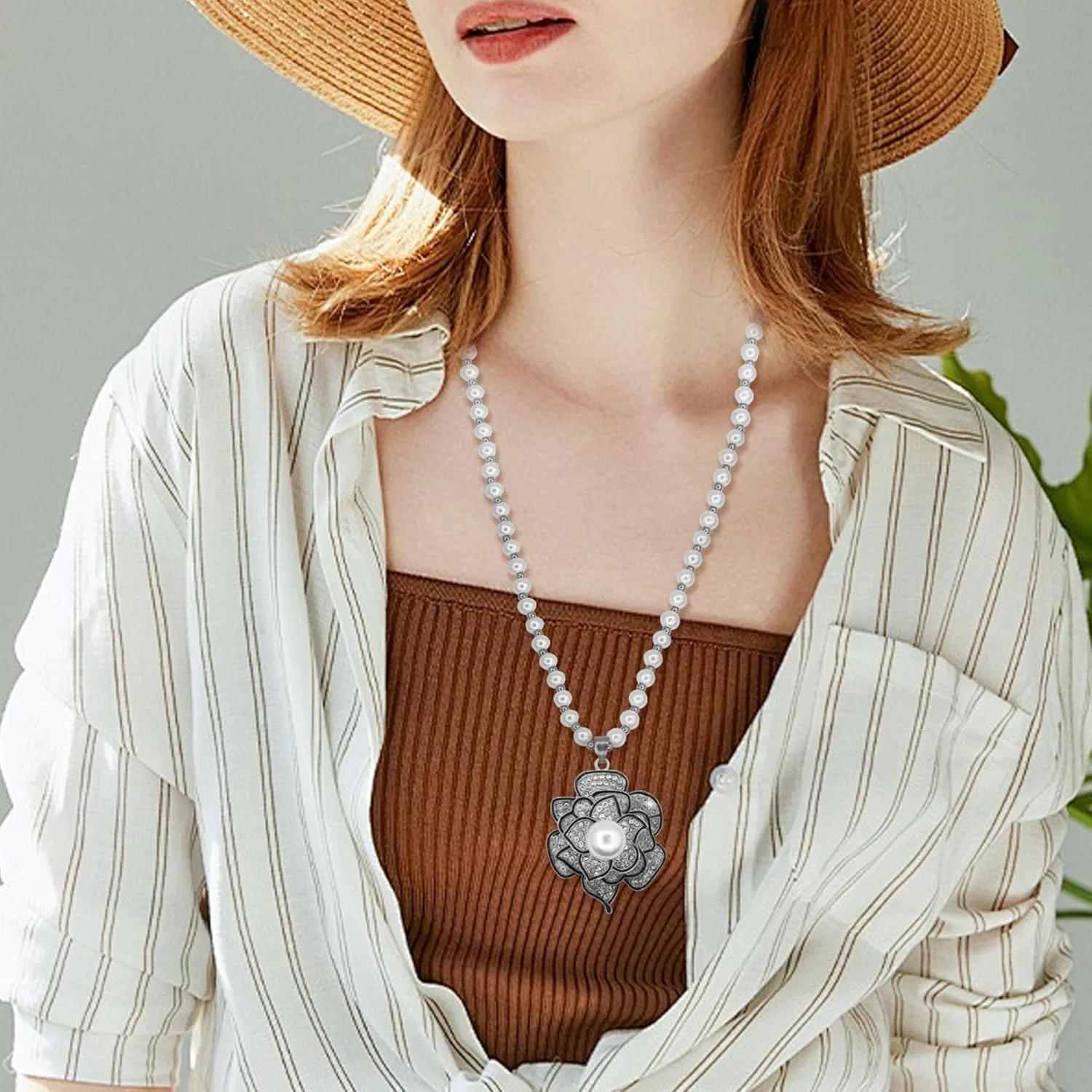 Long Crystal Flower Pearl Pendant Necklace for Women Rhinestone Sunflower Tulip Necklaces Pearl Beaded Necklaces Gold Silver Sweater Statement Necklace Fashion Jewelry for Women