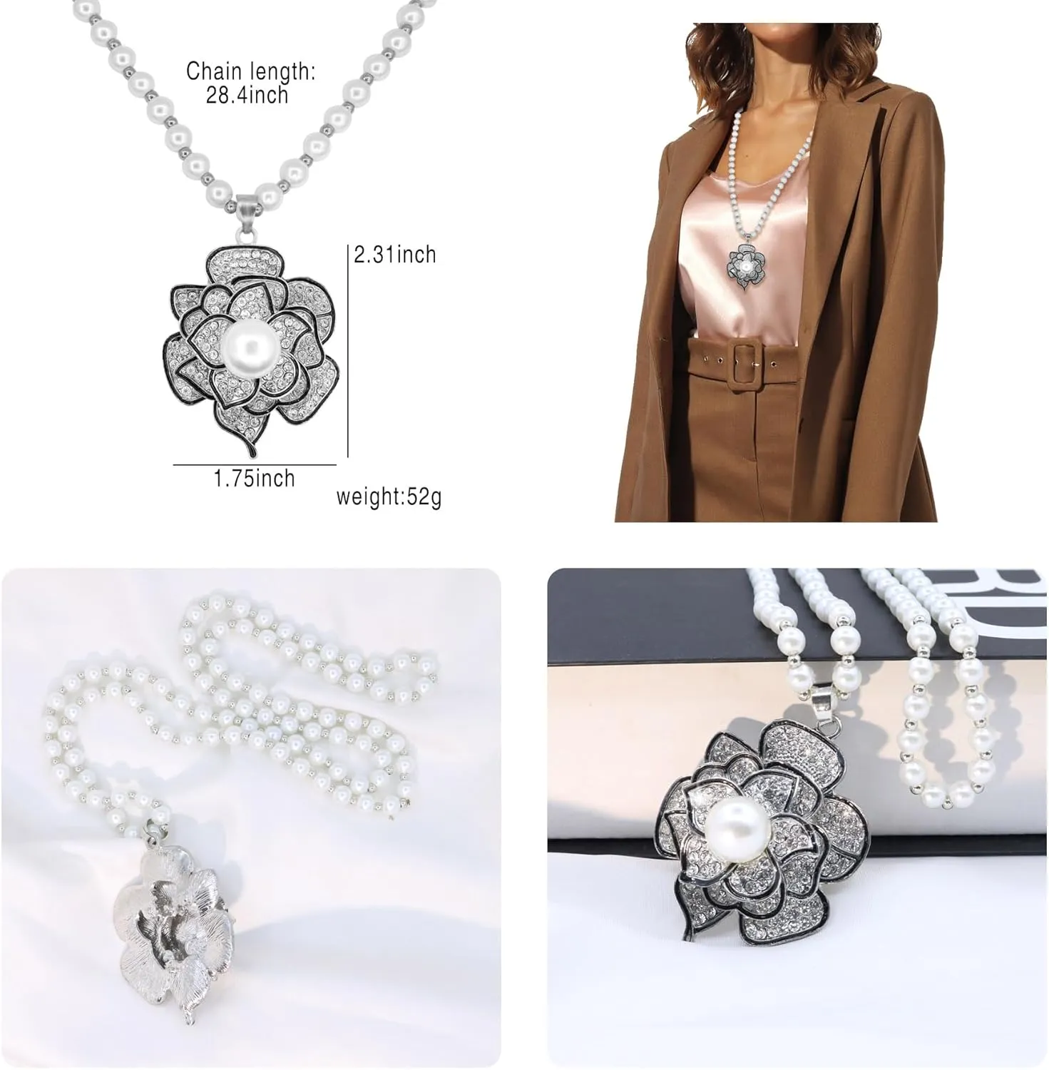 Long Crystal Flower Pearl Pendant Necklace for Women Rhinestone Sunflower Tulip Necklaces Pearl Beaded Necklaces Gold Silver Sweater Statement Necklace Fashion Jewelry for Women