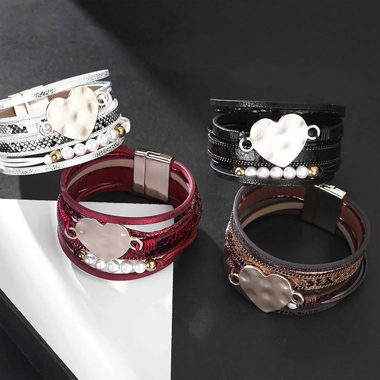 Long tiantian Boho Leather Wrap Bracelets for Women Heart Leather Bracelet Western Dress Accessories Stackable Cuff Bangles Bracelets for Women Trendy 2025
