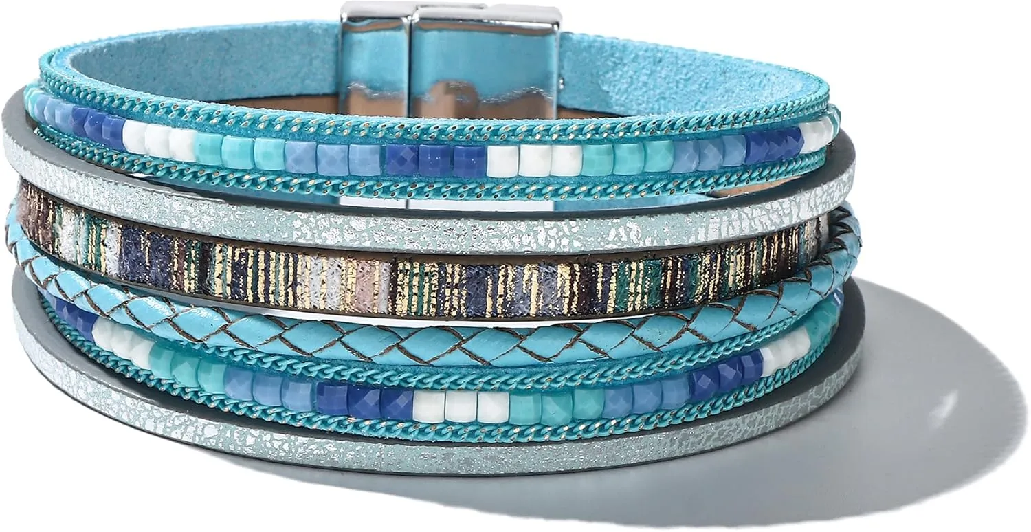 Long tiantian Leather Wrap Bracelets for Women Western Outfit Accessories Boho Cuff Bangle Bracelets Crystal Bead Bracelet with Clasp Jewelry Gifts for Women Trendy 2025