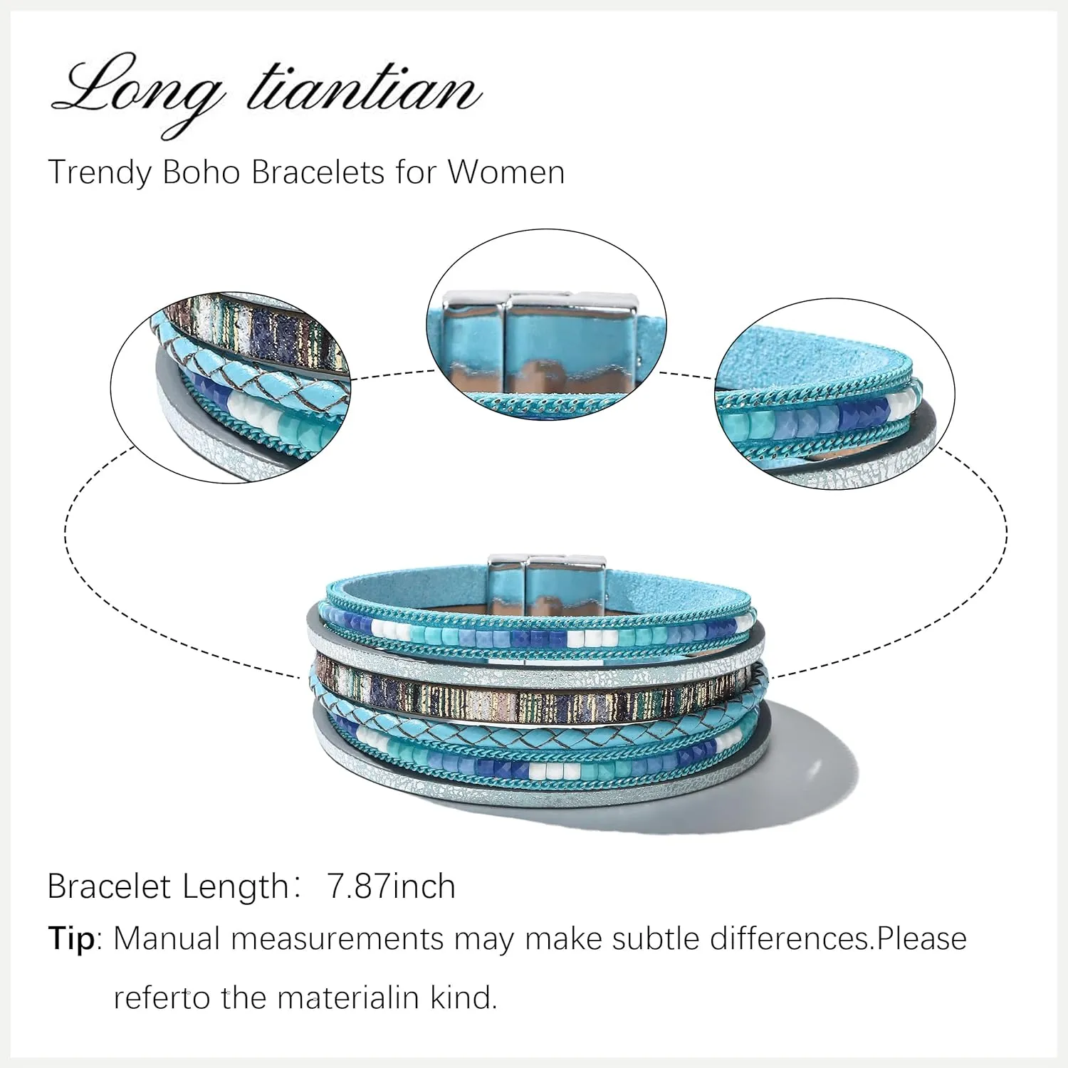 Long tiantian Leather Wrap Bracelets for Women Western Outfit Accessories Boho Cuff Bangle Bracelets Crystal Bead Bracelet with Clasp Jewelry Gifts for Women Trendy 2025