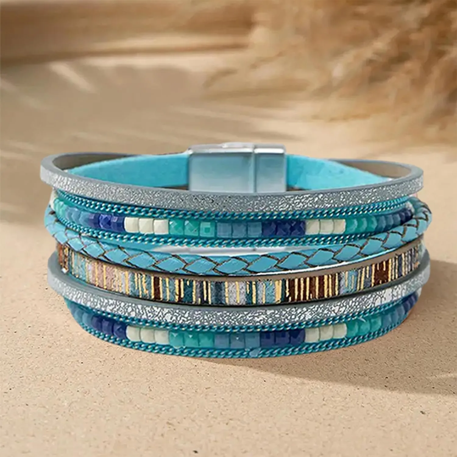 Long tiantian Leather Wrap Bracelets for Women Western Outfit Accessories Boho Cuff Bangle Bracelets Crystal Bead Bracelet with Clasp Jewelry Gifts for Women Trendy 2025