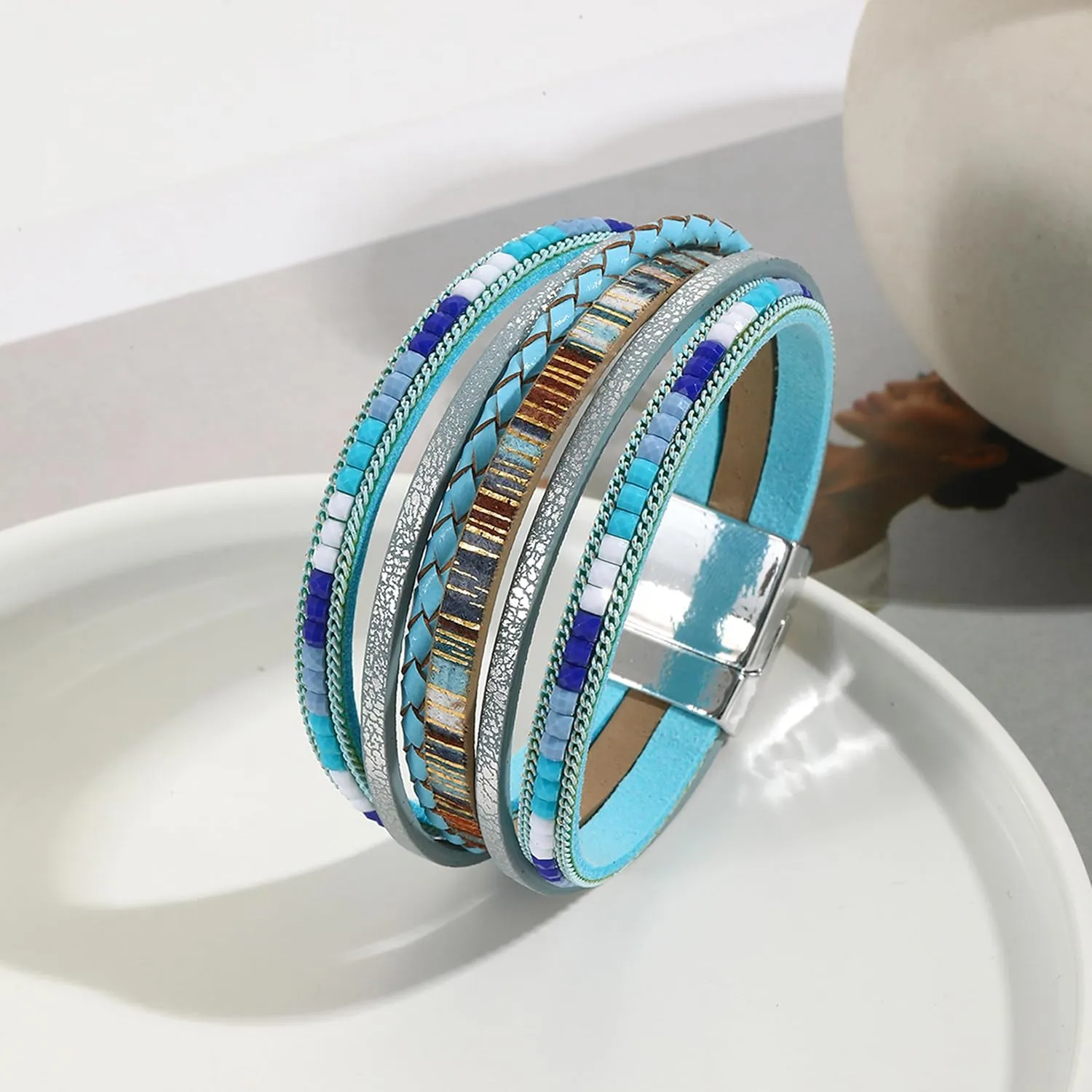 Long tiantian Leather Wrap Bracelets for Women Western Outfit Accessories Boho Cuff Bangle Bracelets Crystal Bead Bracelet with Clasp Jewelry Gifts for Women Trendy 2025