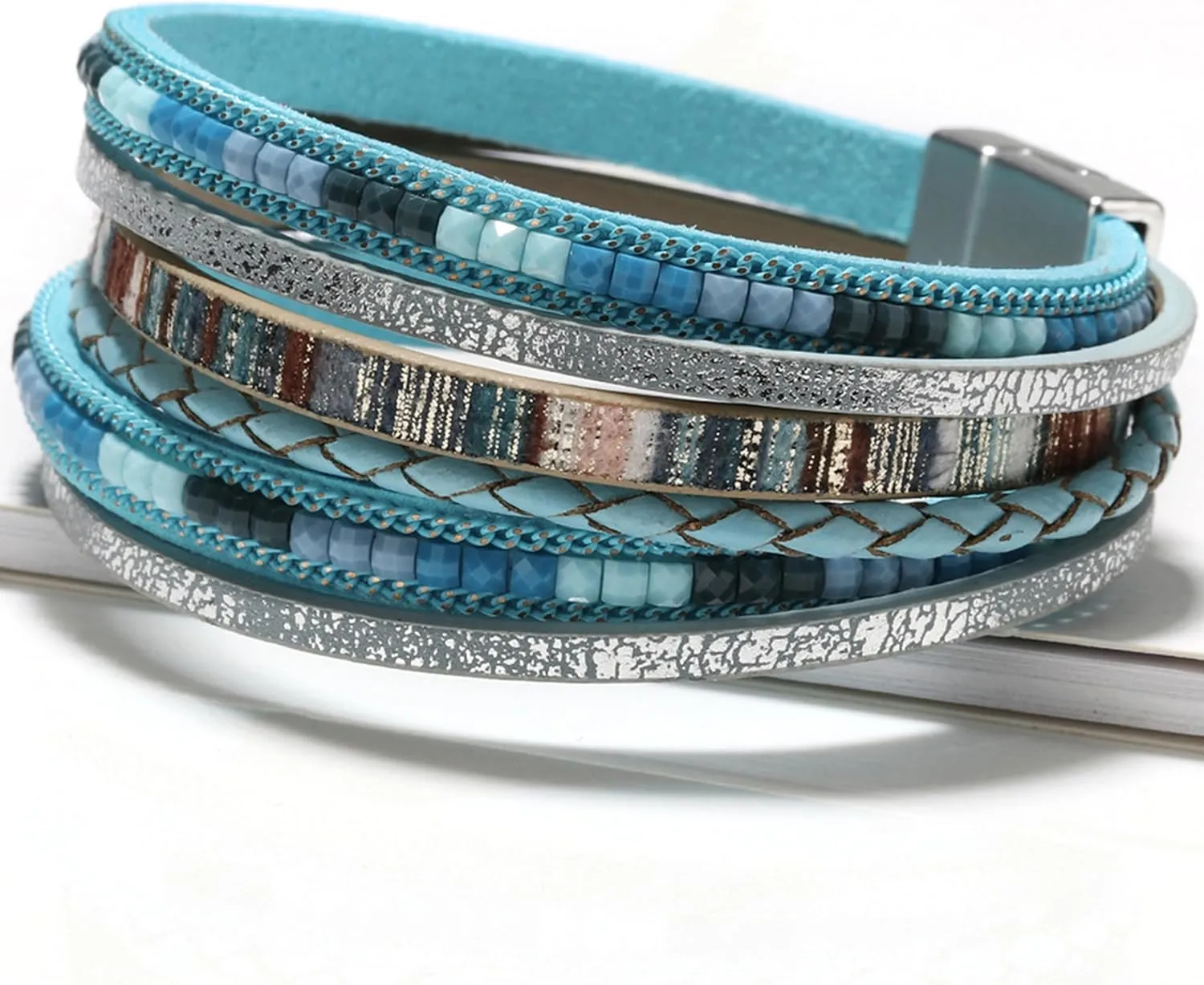 Long tiantian Leather Wrap Bracelets for Women Western Outfit Accessories Boho Cuff Bangle Bracelets Crystal Bead Bracelet with Clasp Jewelry Gifts for Women Trendy 2025