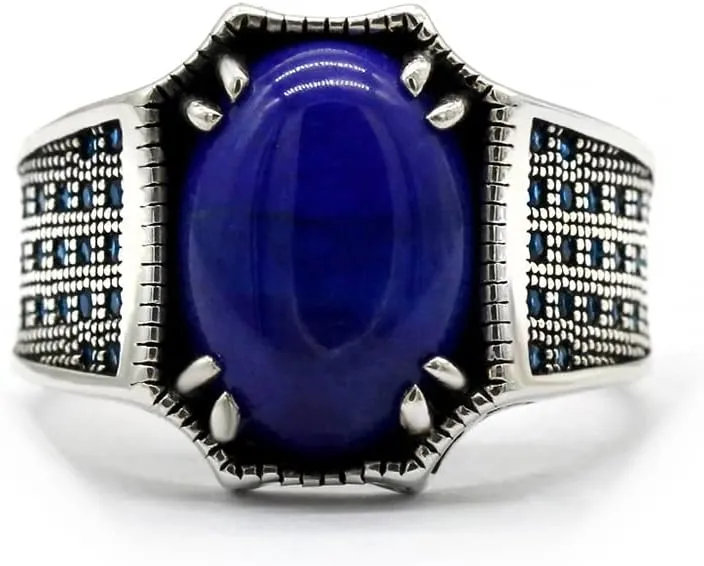 LovePlus Sterling Silver S925 Sterling Silver Lapis Lazuli Ring Turkish Handmade Elegant Style Men/Women Rings for Everyday Wear Gifts