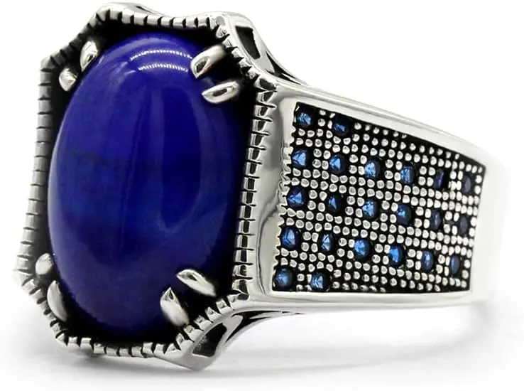 LovePlus Sterling Silver S925 Sterling Silver Lapis Lazuli Ring Turkish Handmade Elegant Style Men/Women Rings for Everyday Wear Gifts