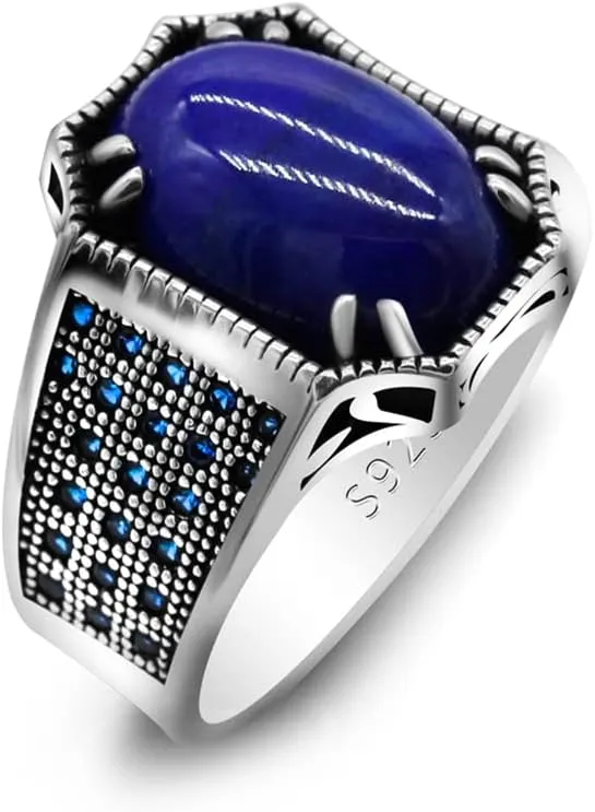 LovePlus Sterling Silver S925 Sterling Silver Lapis Lazuli Ring Turkish Handmade Elegant Style Men/Women Rings for Everyday Wear Gifts
