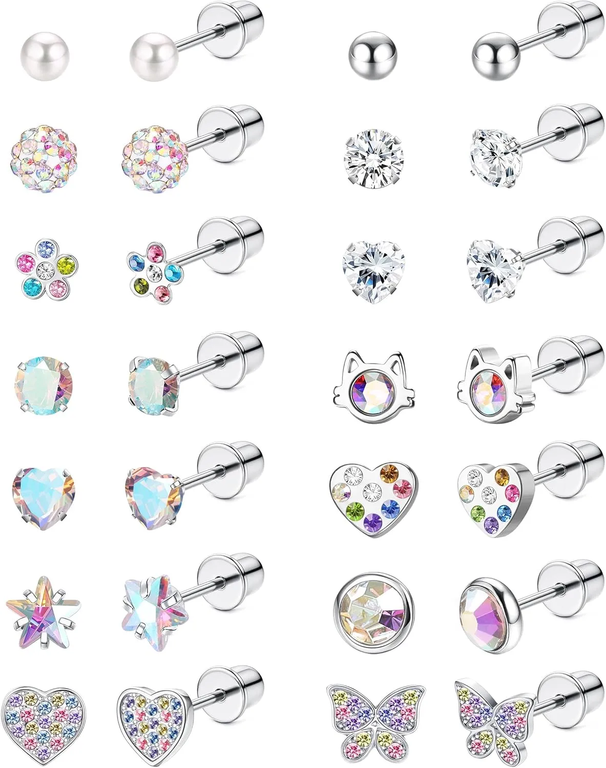 LOYALLOOK 14Pairs Hypoallergenic Screwback Earrings for Women Girls Tiny CZ Pearl Ball Heart Flower Screw Back Earring Studs 316L Stainless Steel Stud Earrings Flatback 20G Over 3 Years Old