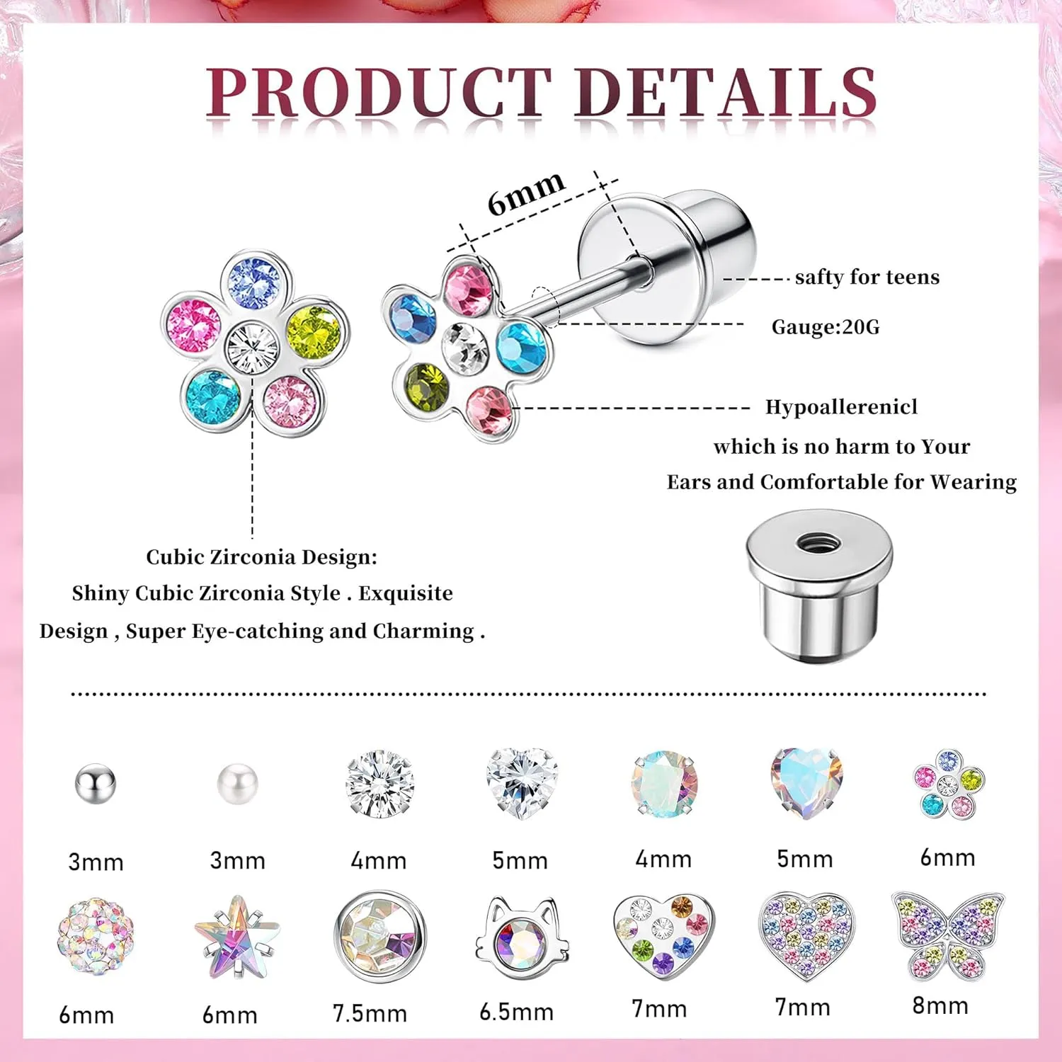 LOYALLOOK 14Pairs Hypoallergenic Screwback Earrings for Women Girls Tiny CZ Pearl Ball Heart Flower Screw Back Earring Studs 316L Stainless Steel Stud Earrings Flatback 20G Over 3 Years Old