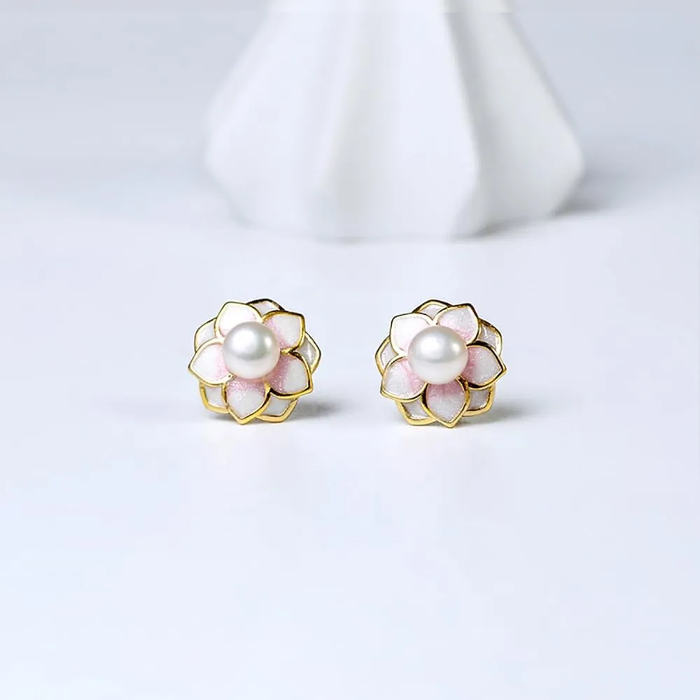 Luxury Flower Pearl Stud Earrings for Women Sterling Silver Handpicked White Freshwater Cultured Pearl Earrings Studs Camellia Earrings 14K Gold Plated