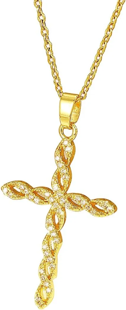 Lyvur Cross Necklace for Women 14 K Gold Plated Crystal Cross Necklaces Ribbon Pendant with Diamond for Women Trendy Jewelry Gifts