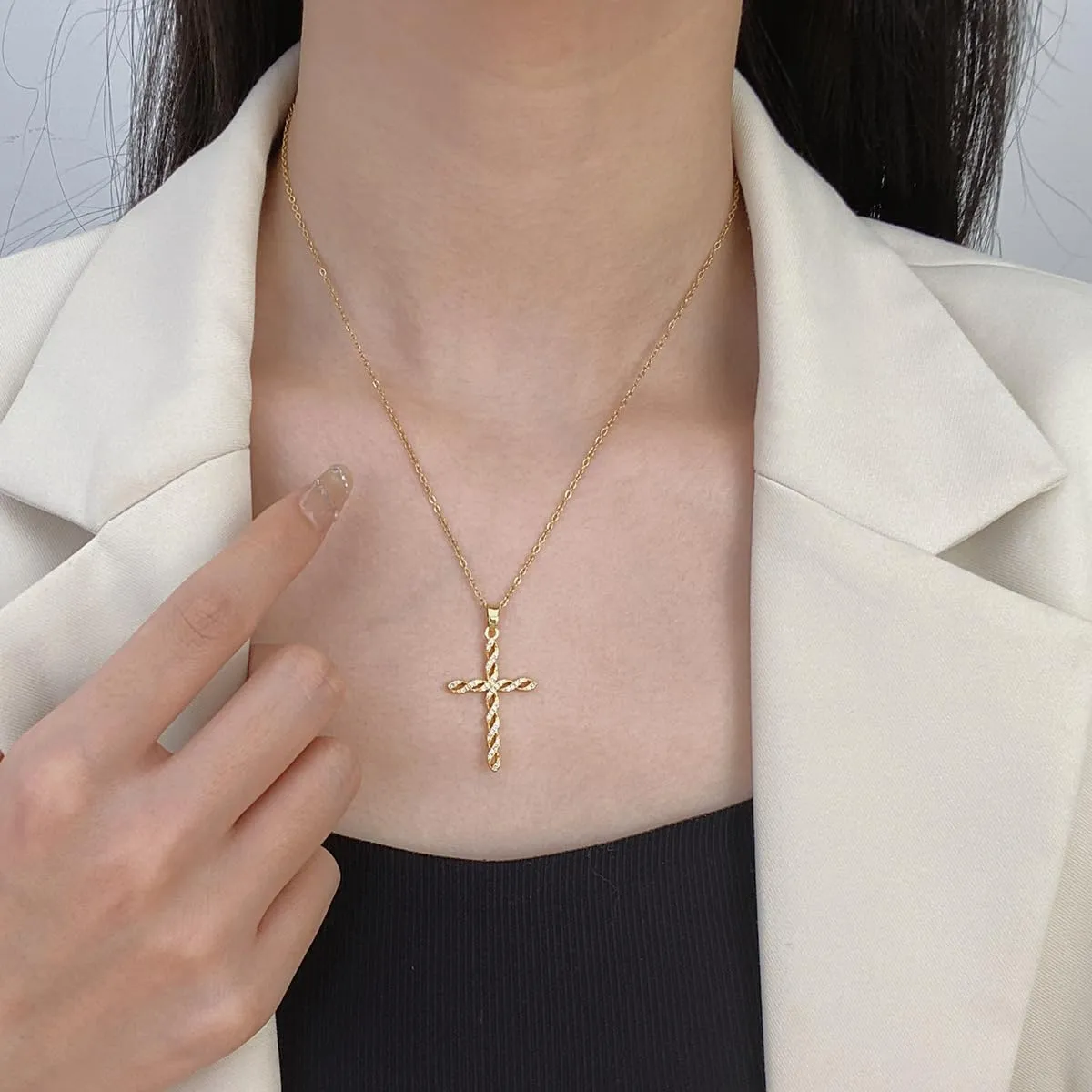 Lyvur Cross Necklace for Women 14 K Gold Plated Crystal Cross Necklaces Ribbon Pendant with Diamond for Women Trendy Jewelry Gifts