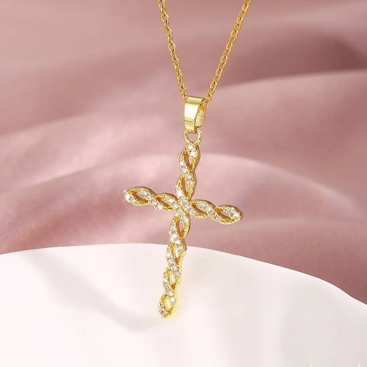 Lyvur Cross Necklace for Women 14 K Gold Plated Crystal Cross Necklaces Ribbon Pendant with Diamond for Women Trendy Jewelry Gifts