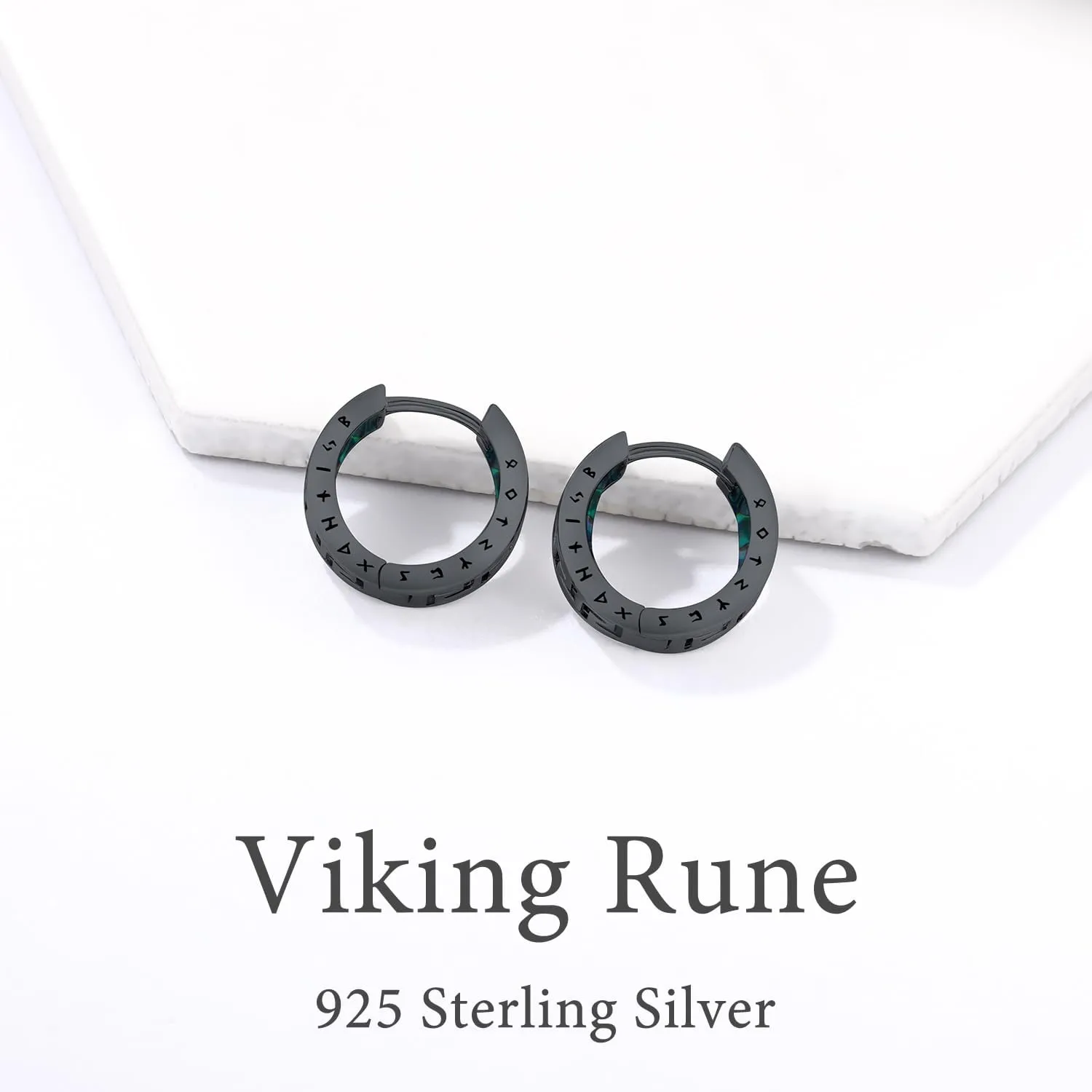 Men Earrings Viking Rune Hoop Celtic Earring for Women Punk 16mm 925 Sterling Silver Huggie Black Blue Hoop Earrings Norse Viking Jewelry Gifts