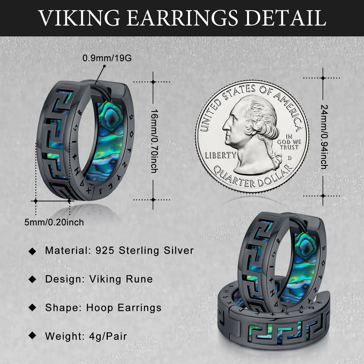 Men Earrings Viking Rune Hoop Celtic Earring for Women Punk 16mm 925 Sterling Silver Huggie Black Blue Hoop Earrings Norse Viking Jewelry Gifts