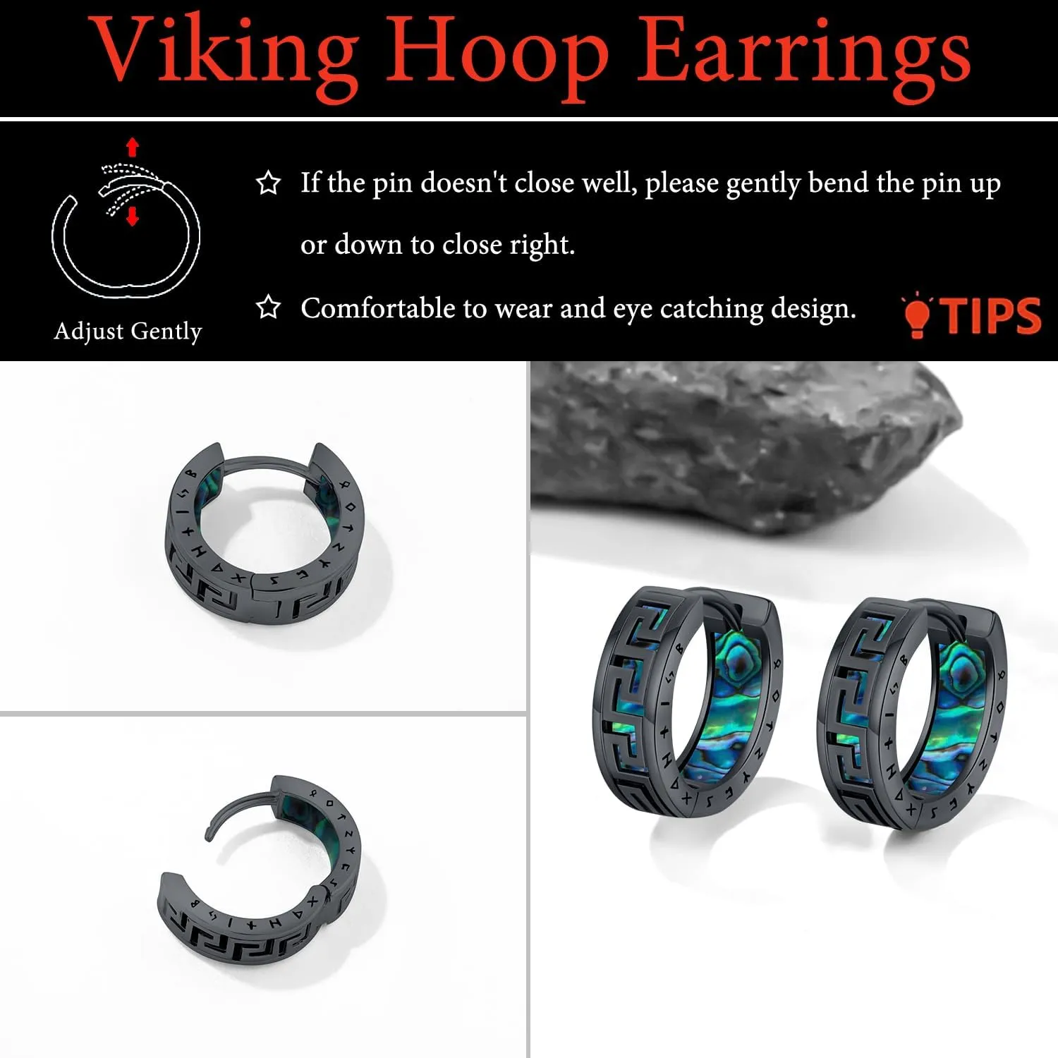 Men Earrings Viking Rune Hoop Celtic Earring for Women Punk 16mm 925 Sterling Silver Huggie Black Blue Hoop Earrings Norse Viking Jewelry Gifts