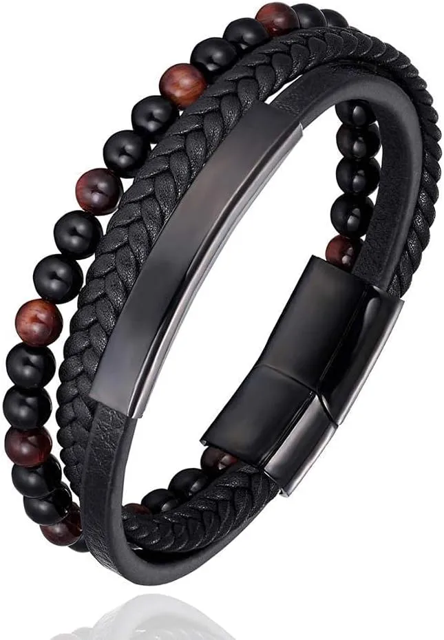 Mens Bracelets Rope Leather Bracelets For Men Woven Leather Bracelet Fashion Multilayer Stainless Steel Leather Bracelet-1Q