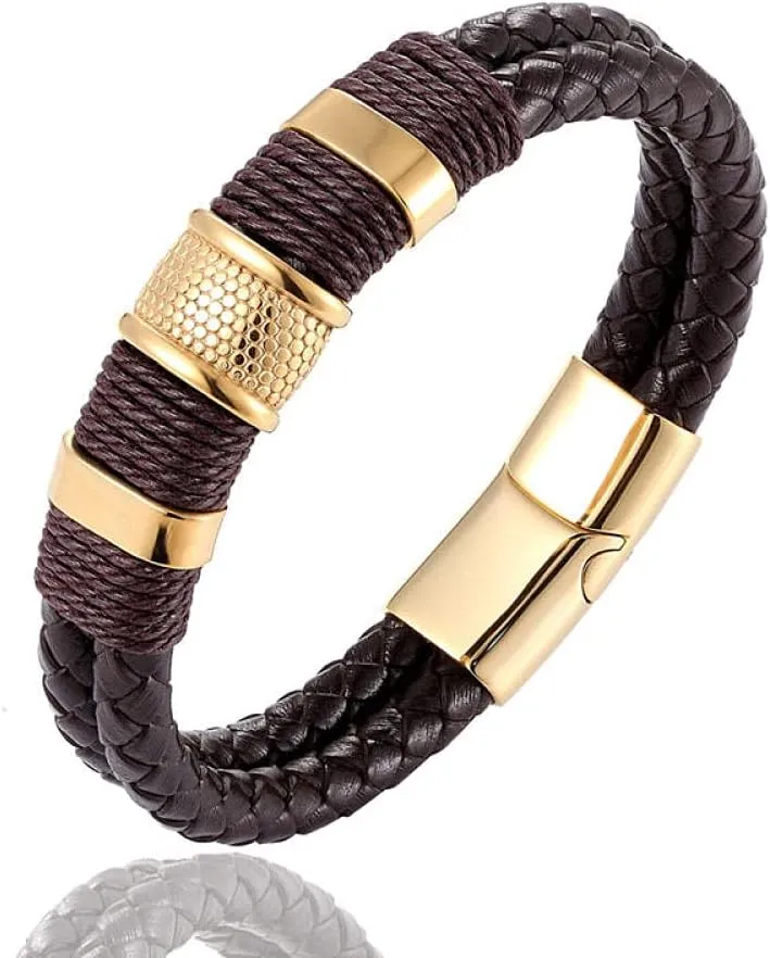 Mens Bracelets Rope Leather Bracelets For Men Woven Leather Bracelet Fashion Multilayer Stainless Steel Leather Bracelet