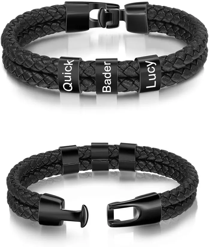 Mens Leather Bracelet Personalized Name Bracelet for Men Custom Engraved Family Names Leather Braid Bracelets for Birthday Graduation Anniversary Father's Day Christmas