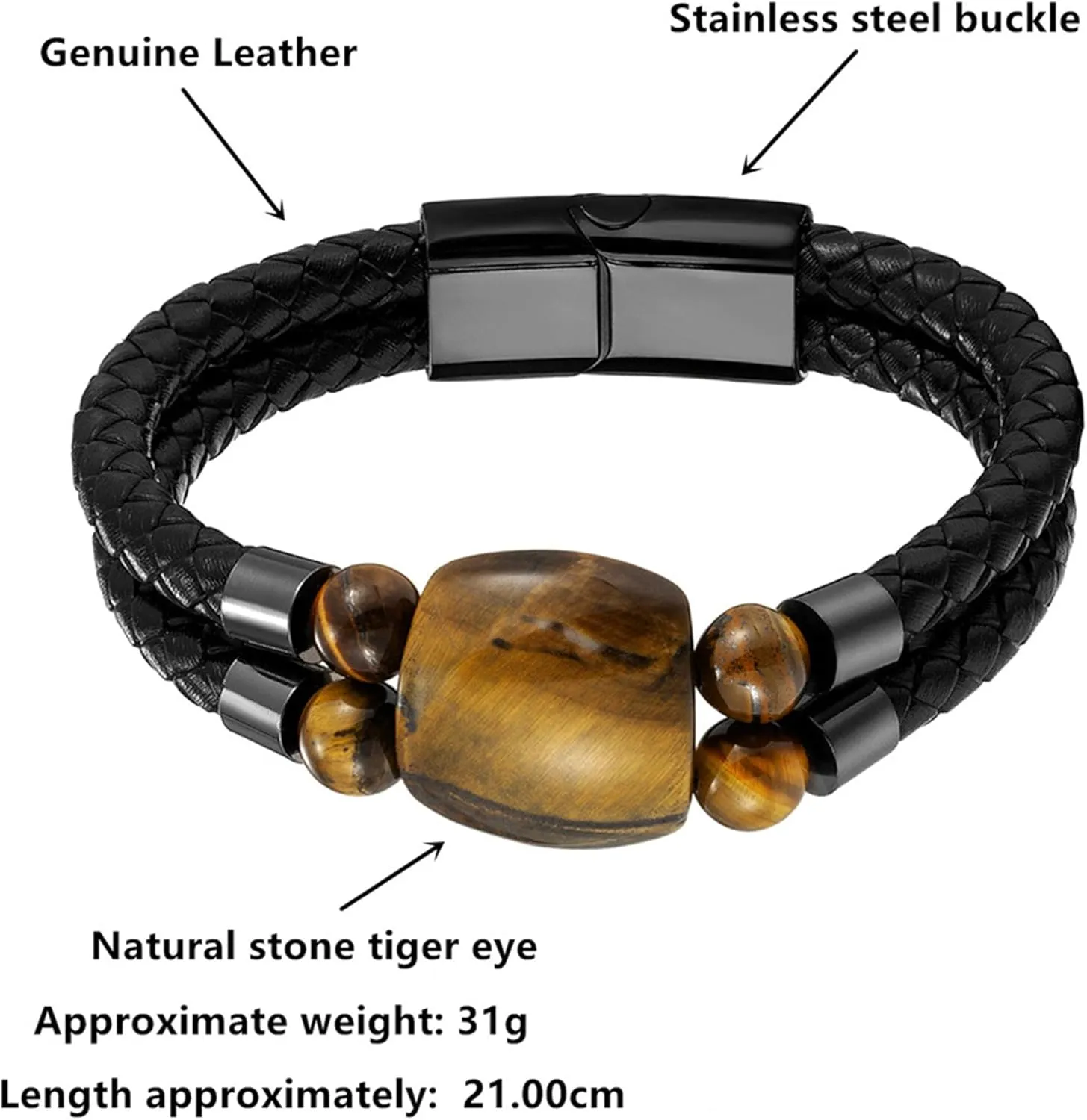 Men's Tiger Eye Leather Bracelets Double Row Braided Rope Bracelet for Men, Black Leather Cuff Bracelets Stainless Steel Clasp
