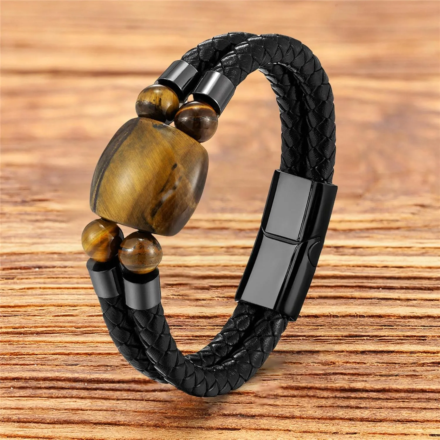 Men's Tiger Eye Leather Bracelets Double Row Braided Rope Bracelet for Men, Black Leather Cuff Bracelets Stainless Steel Clasp
