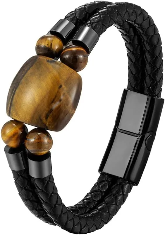 Men's Tiger Eye Leather Bracelets Double Row Braided Rope Bracelet for Men, Black Leather Cuff Bracelets Stainless Steel Clasp