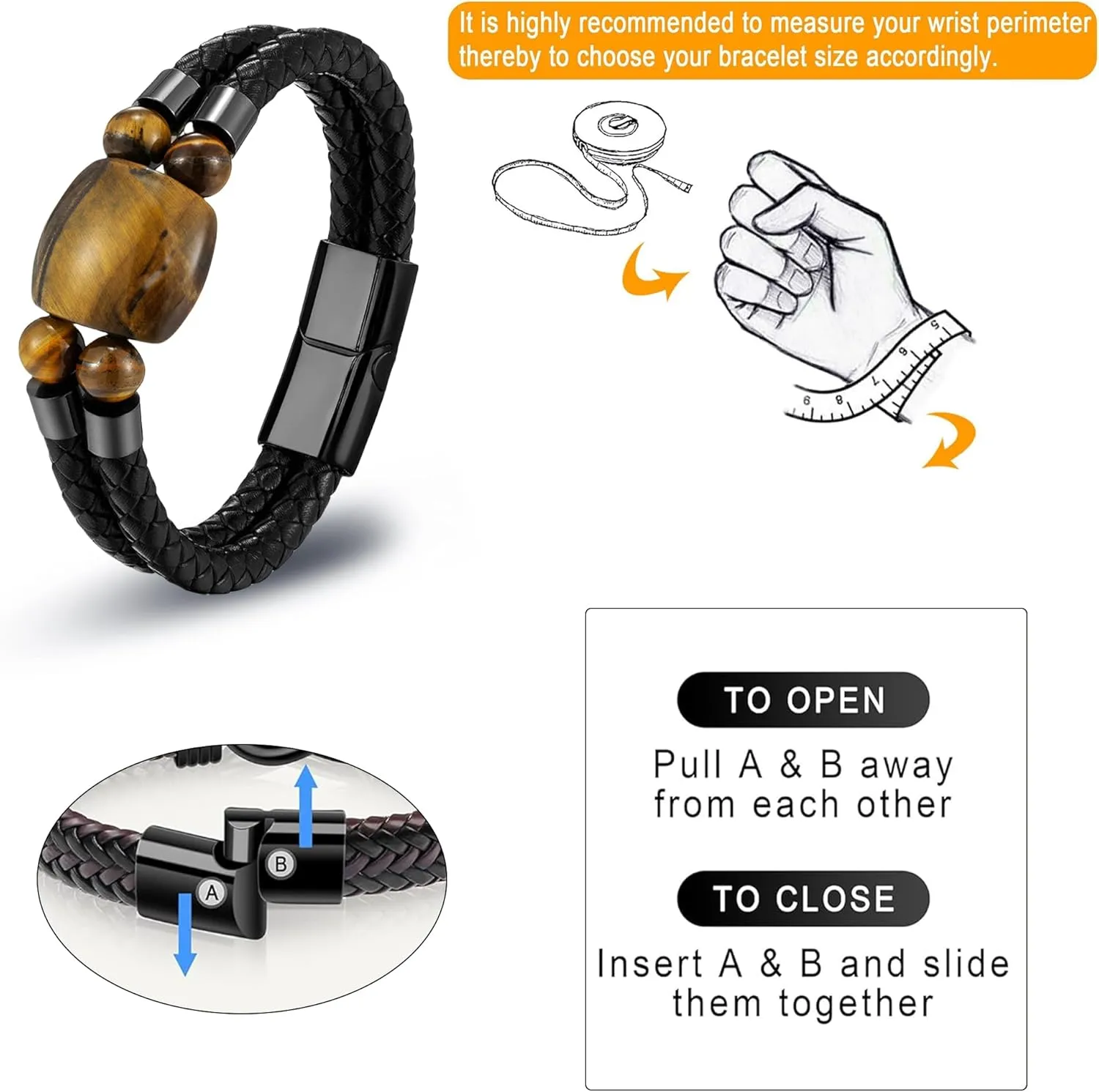 Men's Tiger Eye Leather Bracelets Double Row Braided Rope Bracelet for Men, Black Leather Cuff Bracelets Stainless Steel Clasp