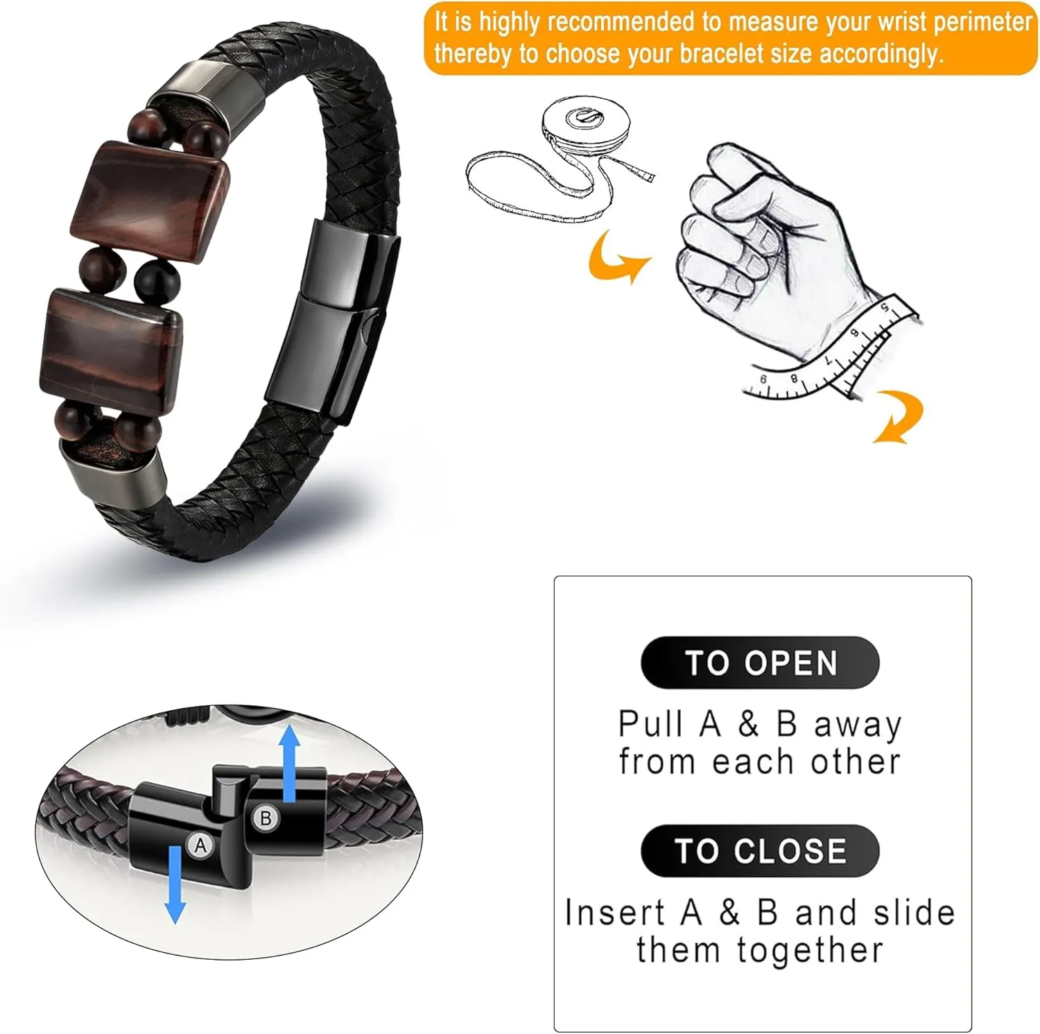 Men's Tiger Eyes Leather Bracelets Braided Rope Bracelet, Double Tiger's Eyes Stone Bead Cuff Bracelets Stainless Steel Clasp