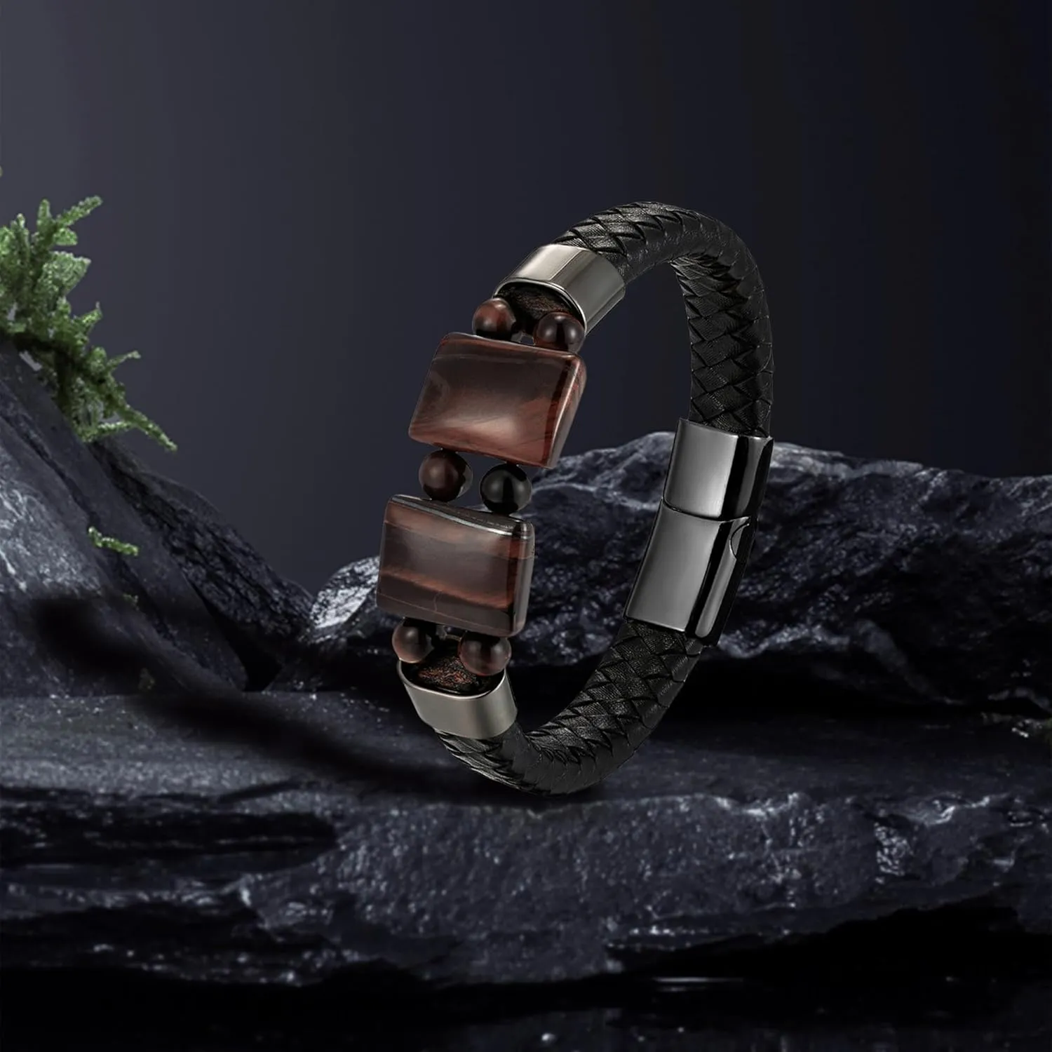 Men's Tiger Eyes Leather Bracelets Braided Rope Bracelet, Double Tiger's Eyes Stone Bead Cuff Bracelets Stainless Steel Clasp
